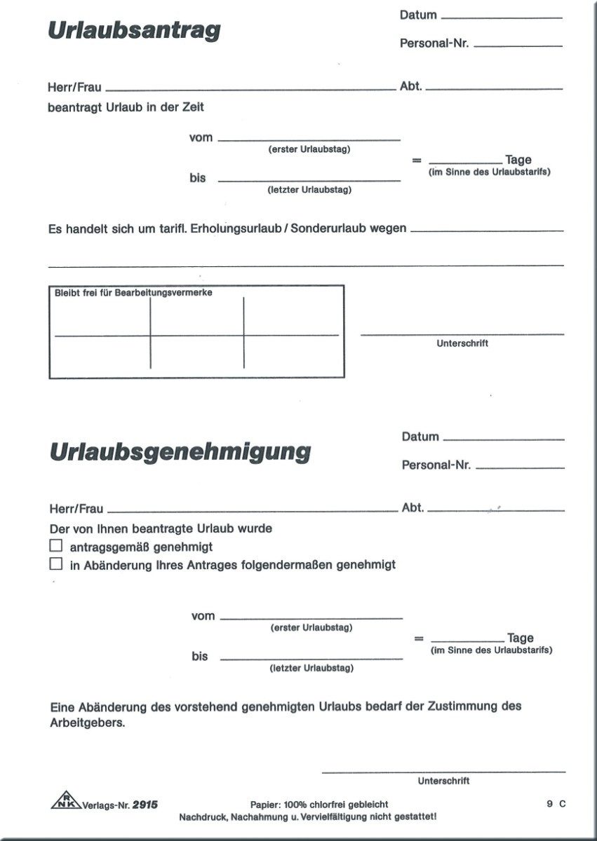 Formularblock Formularbuch Urlaubsantrag Tarif- und Sonderurlaub A5 50 Blatt