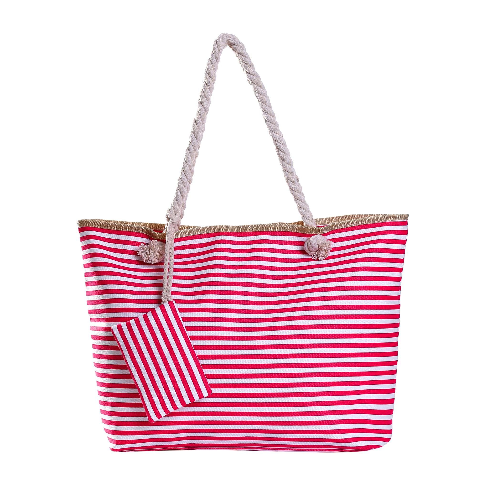 DonDon Strandtasche Shopper wasserabweisende Tasche (2-tlg), Große Strandtasche, mit Reißverschluss, inkl. kleinem Beutel rot-weiß gestreift 2