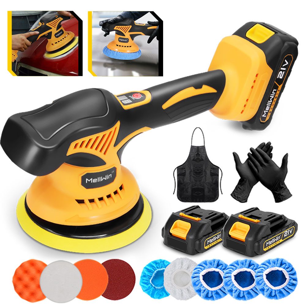 MELLWIN Akku-Poliermaschine 150 mm Set mit 2 Akkus für Auto Politur, 2800 min. U/min, 6000 max. U/min, Ø 150 mm, (1 tlg), 8 Stufen 2800–6000 U/min kabellos für Kratzer & Glanzfinish