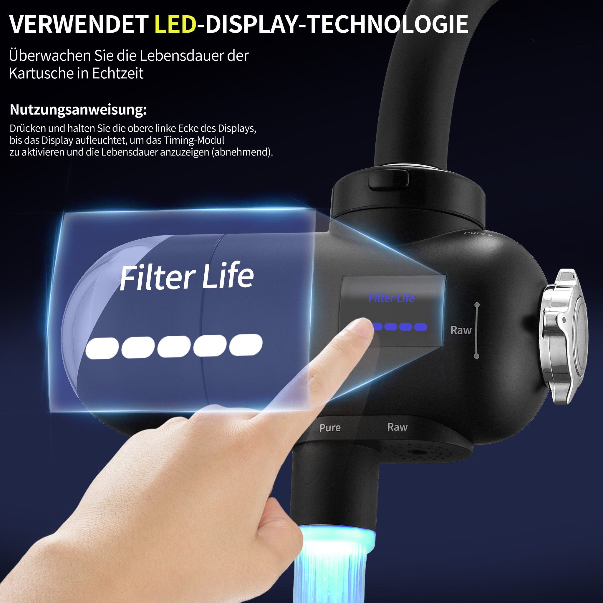 HOMELODY Wasserhahnfilter Wasserfilter für Trinkwasser mit UV-Licht und LED-Anzeige, Doppelmodus, Aktivkohle,Schwarz,für Standard-Wasserhähne