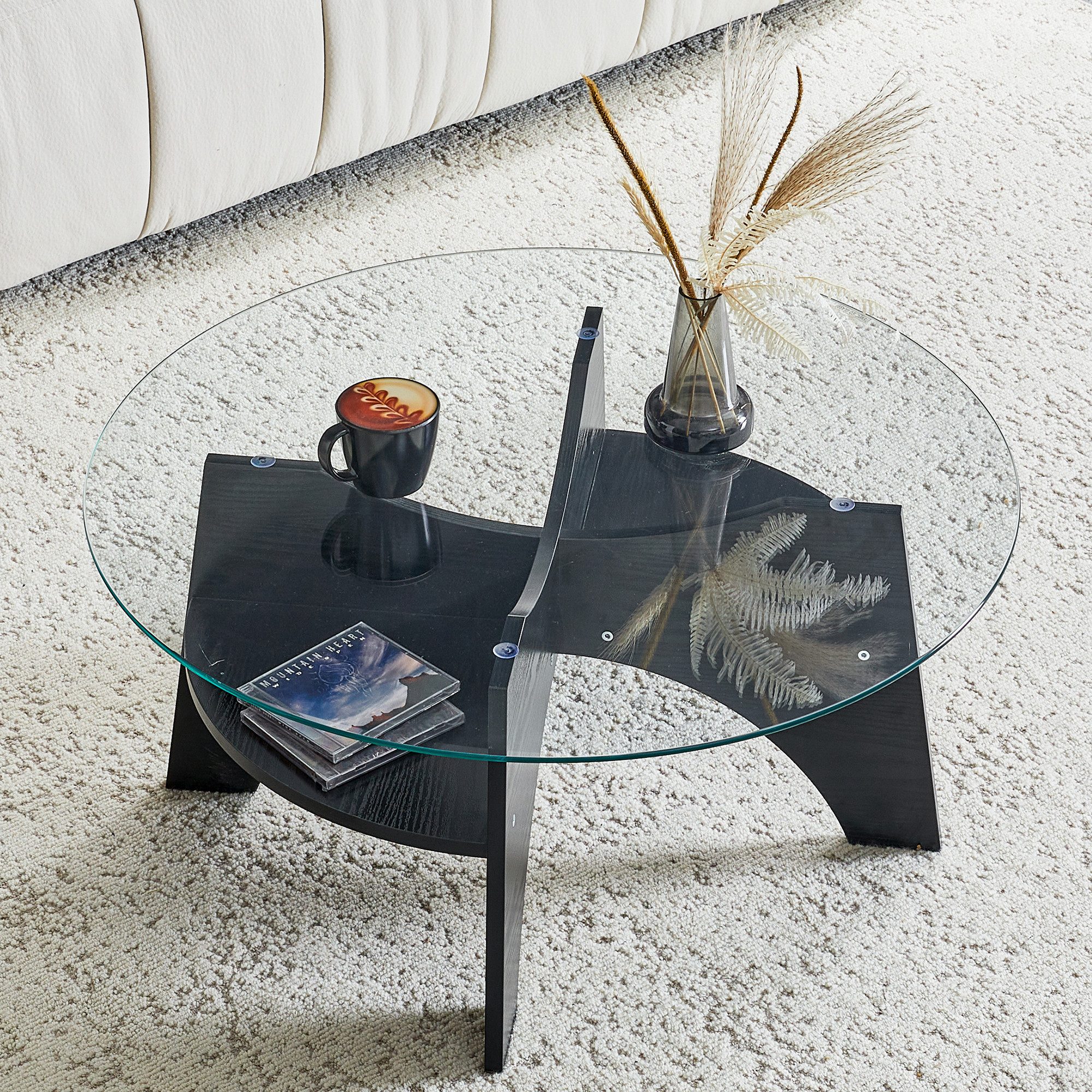 Couchtisch Rund Sicherheitsglas,Beistelltisch Glastisch Fächer Gestell Holzoptik