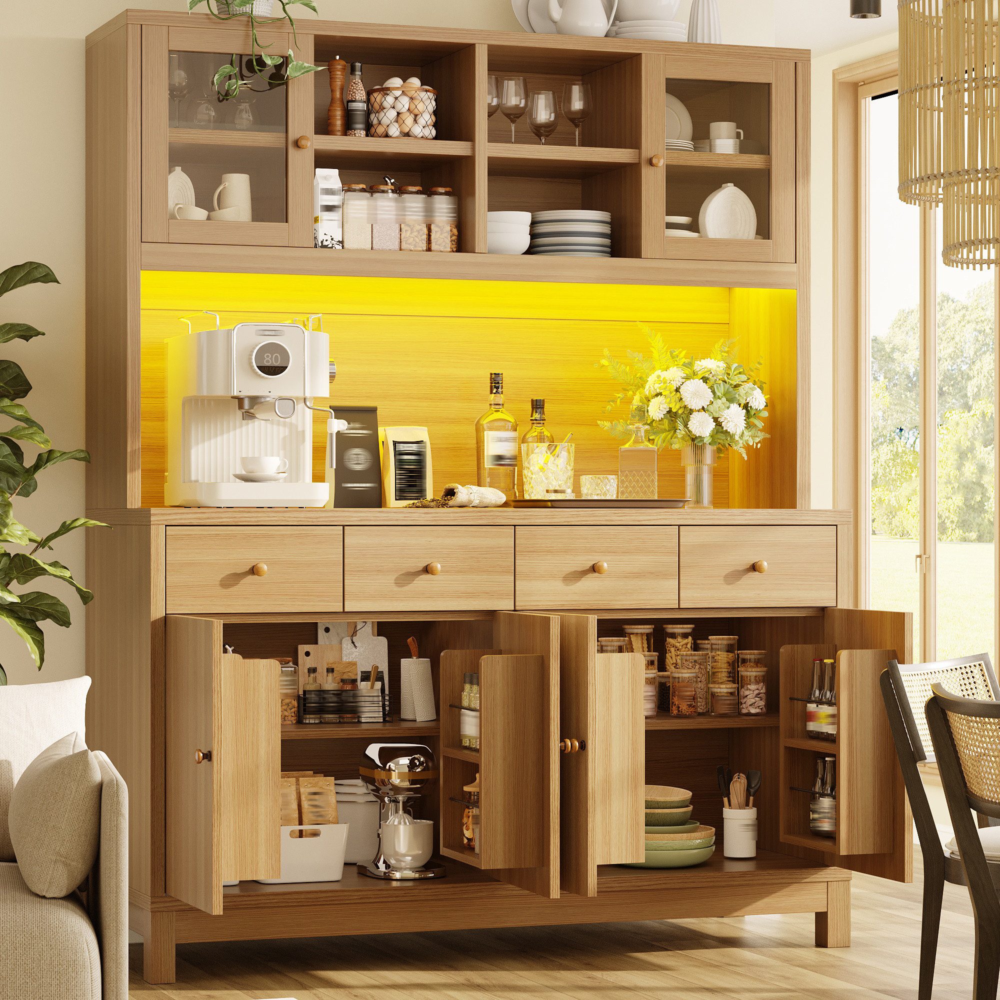 STILVORA Hochschrank Vitrine mit verstellbaren Einlegeböden Highboard mit LED in Naturholz (Glaskasten, 4 Schubladen, Türen, Arbeitsfläche, Holzdekor, Offene Fächer, verstellbare Böden, Snackhalter, robust 100kg) für Küche, Esszimmer, Wohnbereich, Büro, Kaffeestation