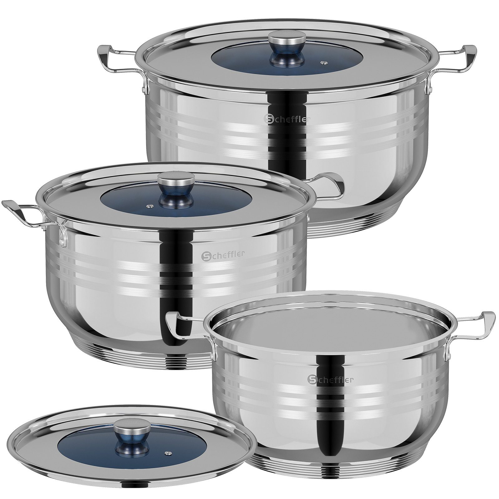 Scheffler Topf-Set 6 tlg, Induktions, Edelstahl Suppentöpfe, für alle Herdarten, Edelstahl (robust und hochwertig, Spülmaschinenfest), 32cm/11,5L,36cm/14,5L,40cm/19,5L