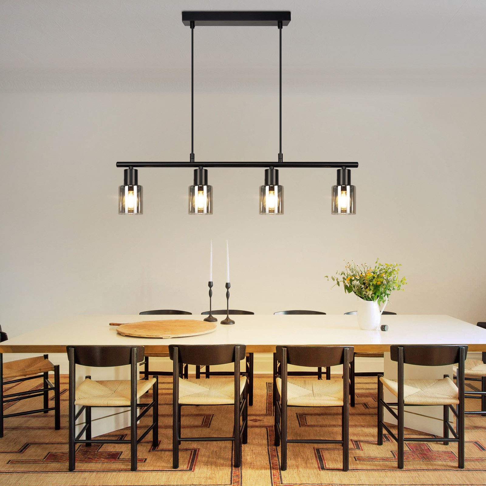 Nettlife Pendelleuchte Retro Glas Hängelampe 4flammig Industrial Schwarz Hängeleuchte, ohne Leuchtmittel, Esszimmerlampe Küchenlampe Deckenleuchte für Esstisch Küche
