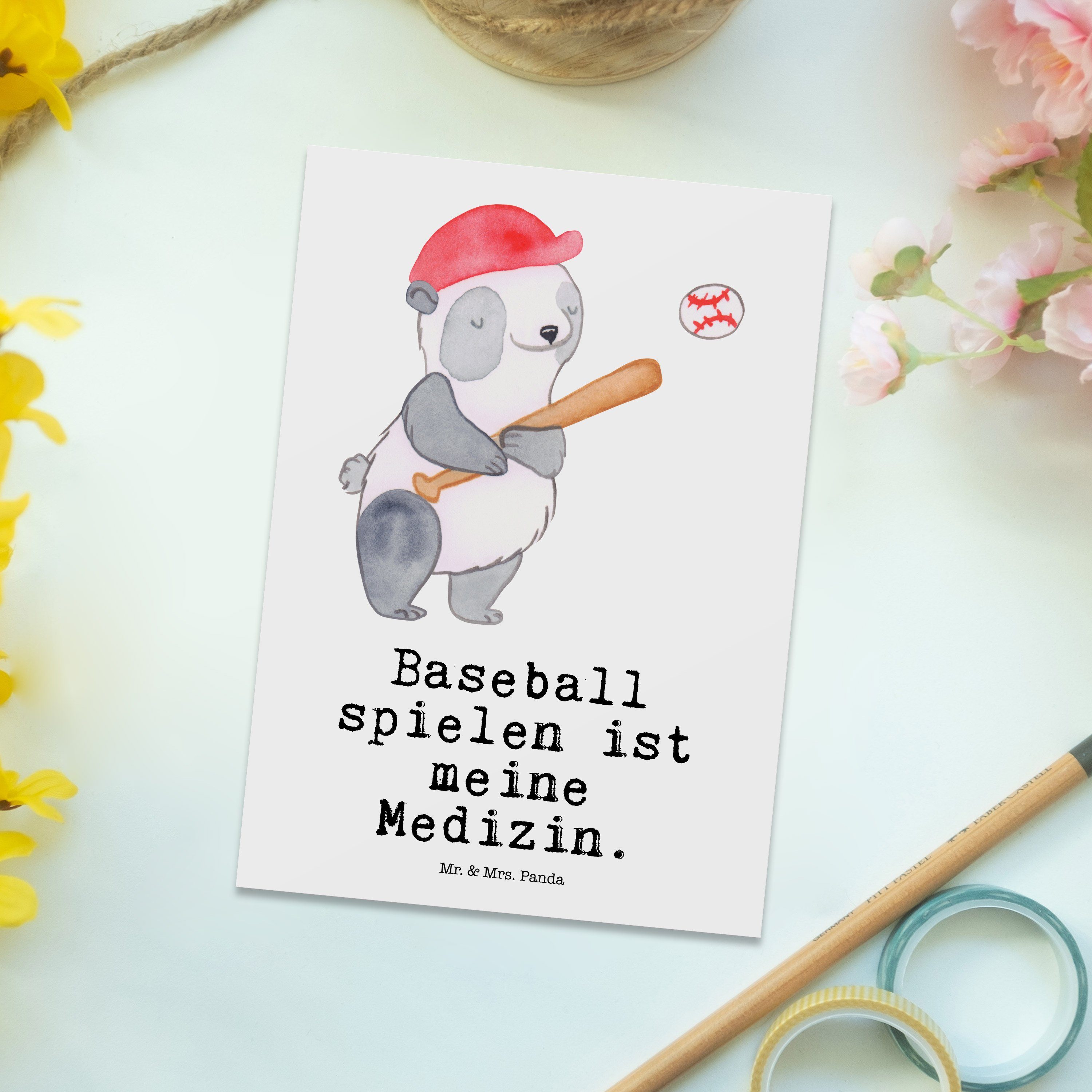 Panda & spielen Mrs. Medizin Postkarte Baseball Mr. - Weiß Gruß Geschenkkarte, Panda - Geschenk,