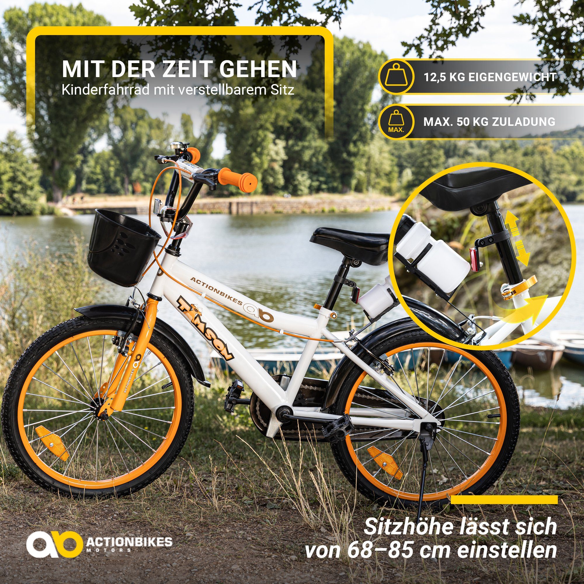 Actionbikes Motors Kinderfahrrad Jungs Mädchen Kinder Fahrrad Timson inkl. Fahrradkorb & Trinkflasche, 1 Gang, ohne Schaltung, (20 Zoll, ab 115 cm Körpergröße, max. Zuladung 50 kg, Fahrradständer, Klingel, Trinkflasche inkl. Halterung, Reflektoren, Antirutschgriffe, 1-tlg., V-Brake-Bremsen, Luftbereifung, Schutzbleche, weiß / orange / schwarz), höhenverstellbares Bike Jungen Mädchen Kinderrad ab 6 Jahre