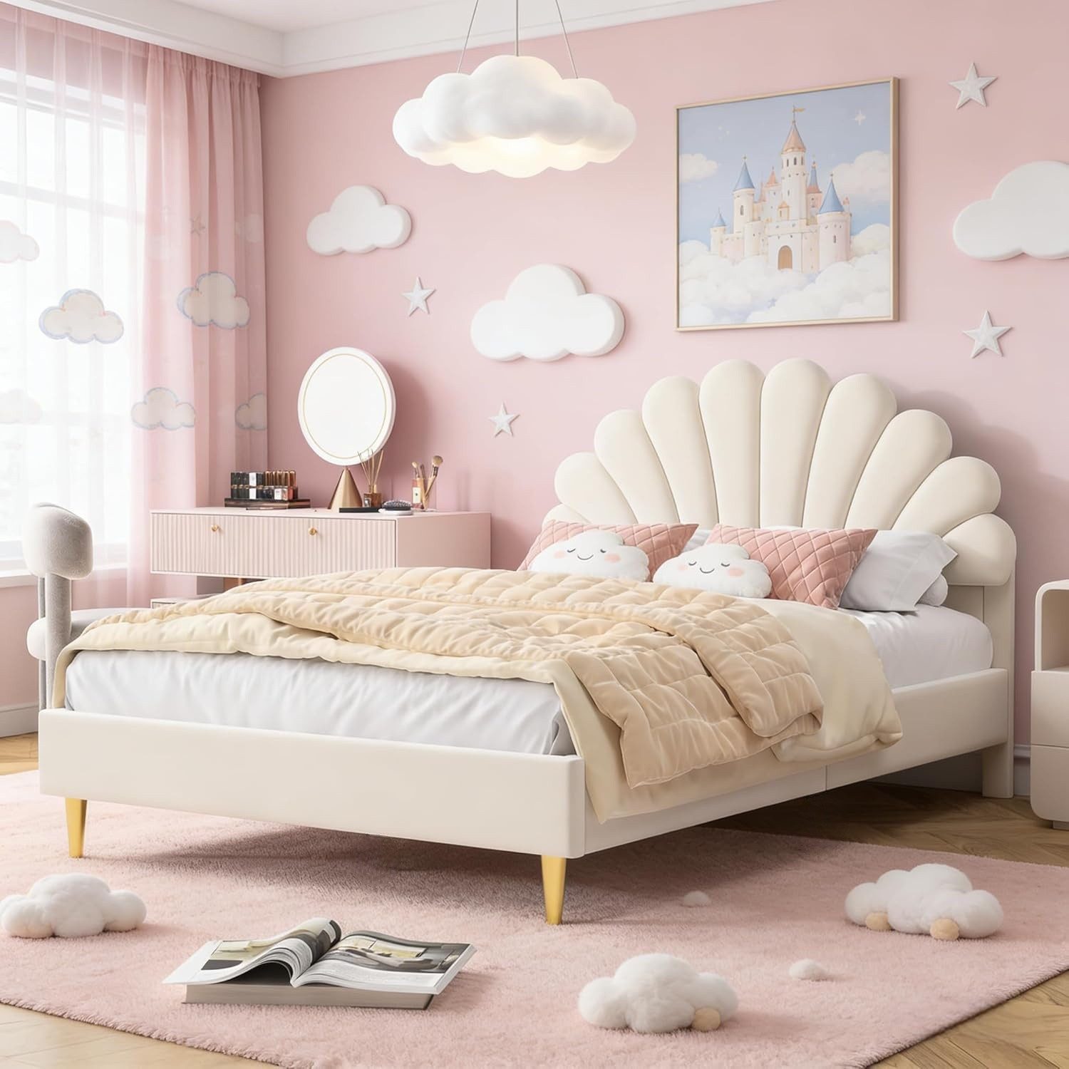 PXloue Polsterbett Doppelbett Jugendbett 140x200cm, mit Muschel-Kopfteil,Einzigartiges Design für Stil und Komfort