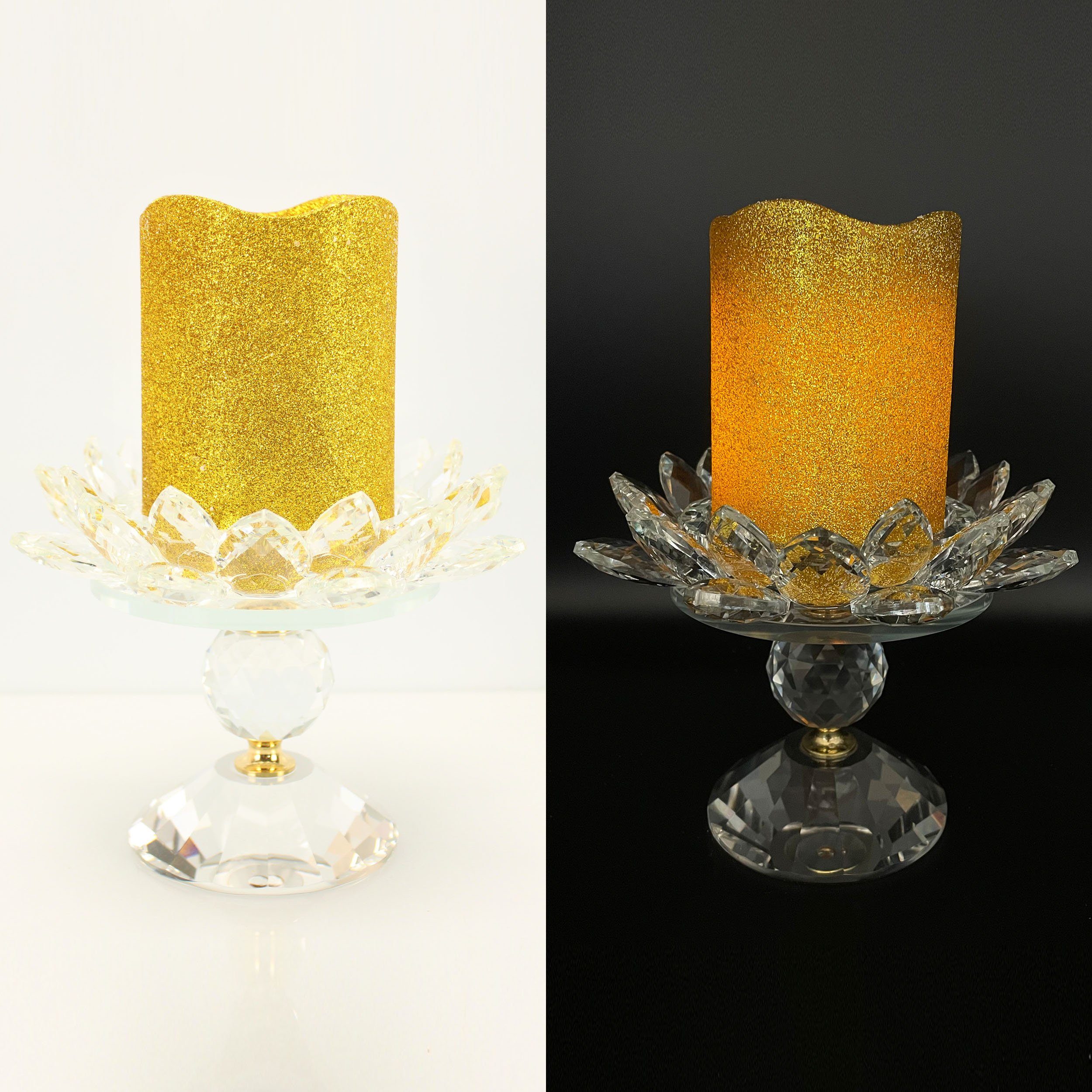 mit x Kerze x ist cm 7,5 LED Glitzer aus (Stumpenkerze Kerze Lotusblüte cm; goldenem 16 Glas Kerzenständer:12 inkl. mit 10 Kerzenständer überzogen), Kerzenständer Online-Fuchs Stumpen
