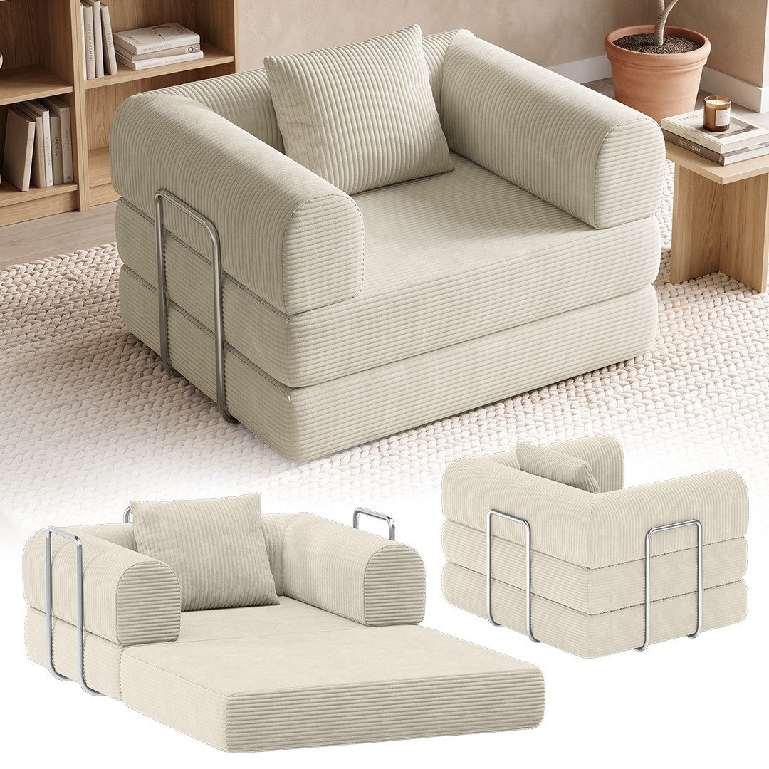 skølm Sofa & Sessel Lofn aus Vollschaum Cord, umwandelbar zum Schlafsofa/-Sessel, Beige, Cordsessel 115cm breit, 1 Sitzer, kein Aufbau erforderlich, vakuumiert