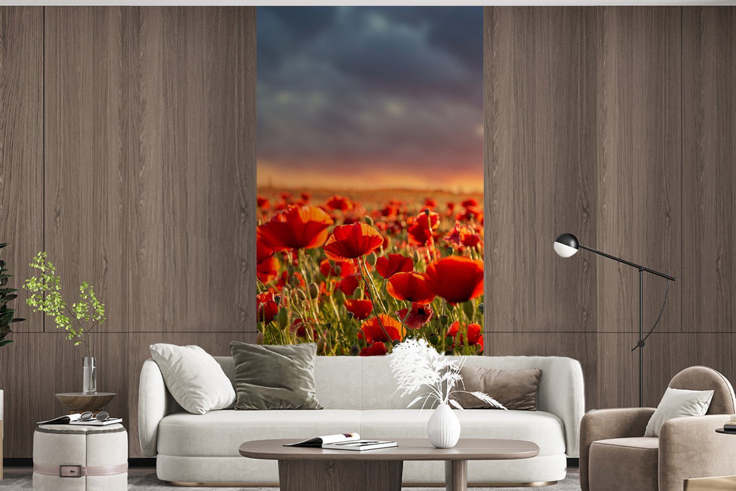 MuchoWow Fototapete - Feld Küche, - - St), Sonnenuntergang - Schlafzimmer Fototapete Rot Matt, Vliestapete Mohnblumen Blumen für bedruckt, (2 - Wohnzimmer Natur