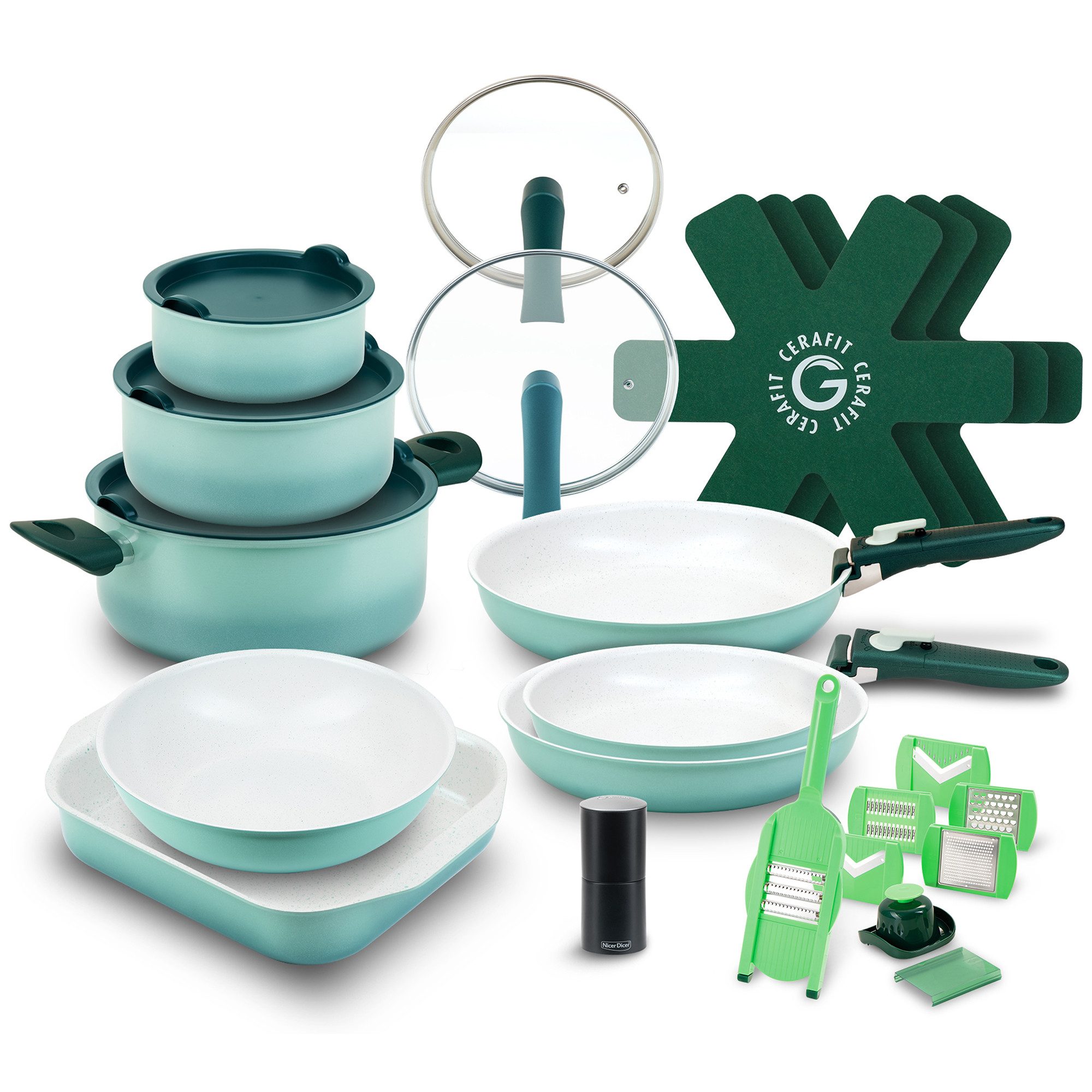 Genius Pfannen-Set Cerafit Revolution Vario Kochgeschirr, (27-teiliges - Set, All-in-One Kochset für maximale Vielseitigkeit), Platzsparend stapelbar mit abnehmbaren Griffen