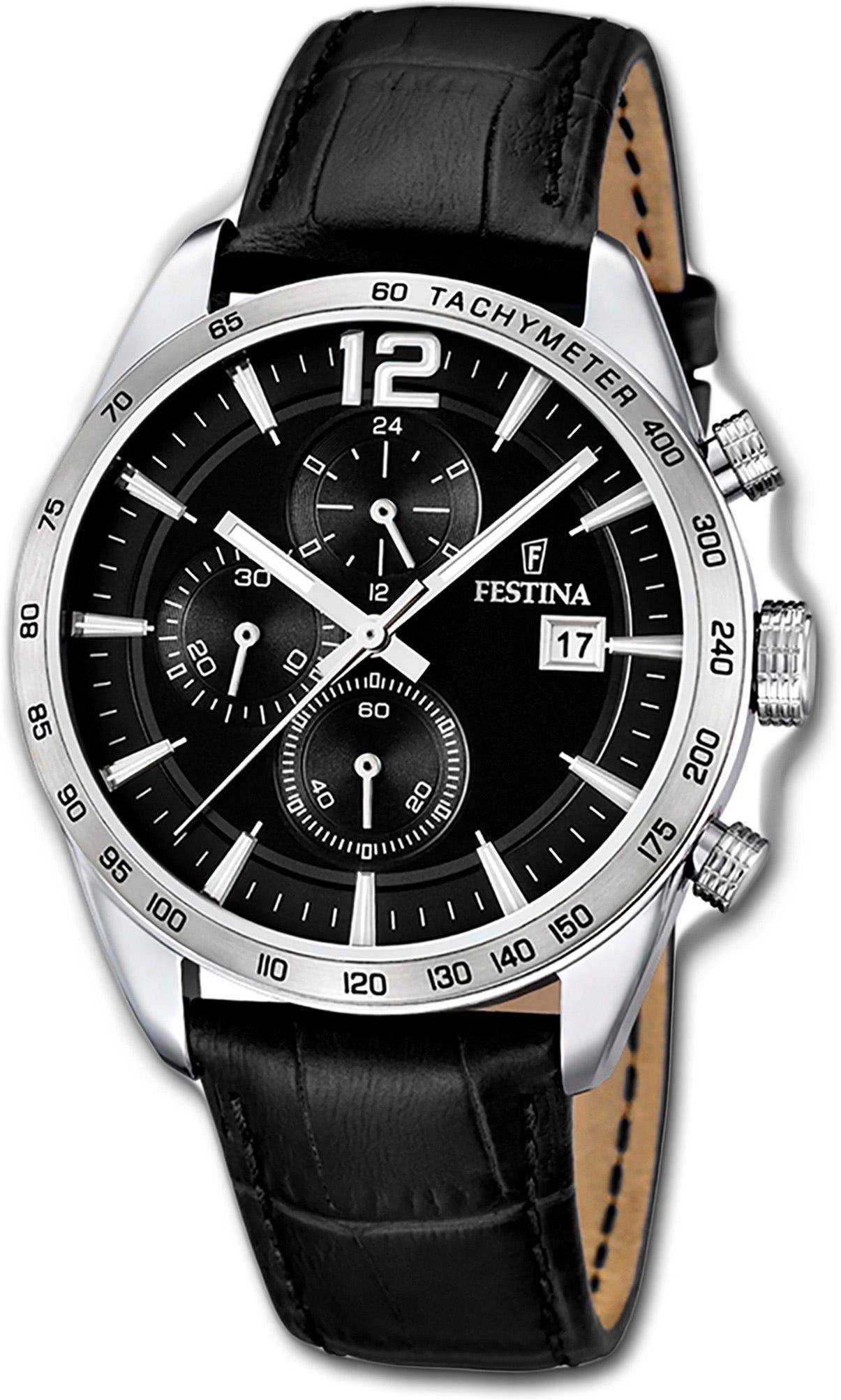 Festina Chronograph Festina Leder Herrenuhr Quarz, (Chronograph), Herrenuhr Lederarmband schwarz, rund, groß (ca. 44mm)