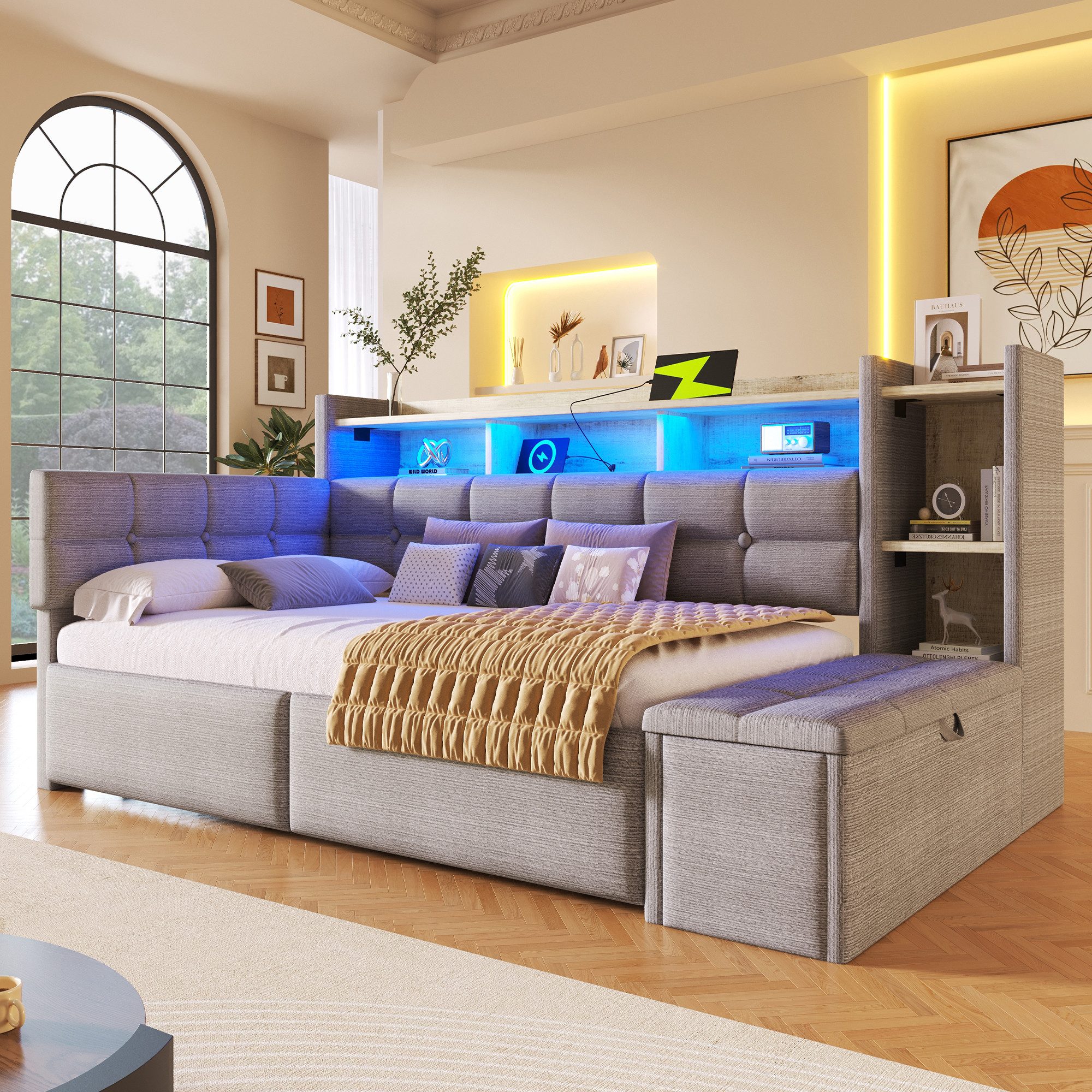 Merax Daybett mit LED Lichtleiste, USB & Typ-C, Samt (Schlafsofa Sofabett Jugendbett Kinderbett, 1 tlg), Tagesbett 90x190cm mit 2 Schubladen,Ablagefach,Stauraumbank am Fußende