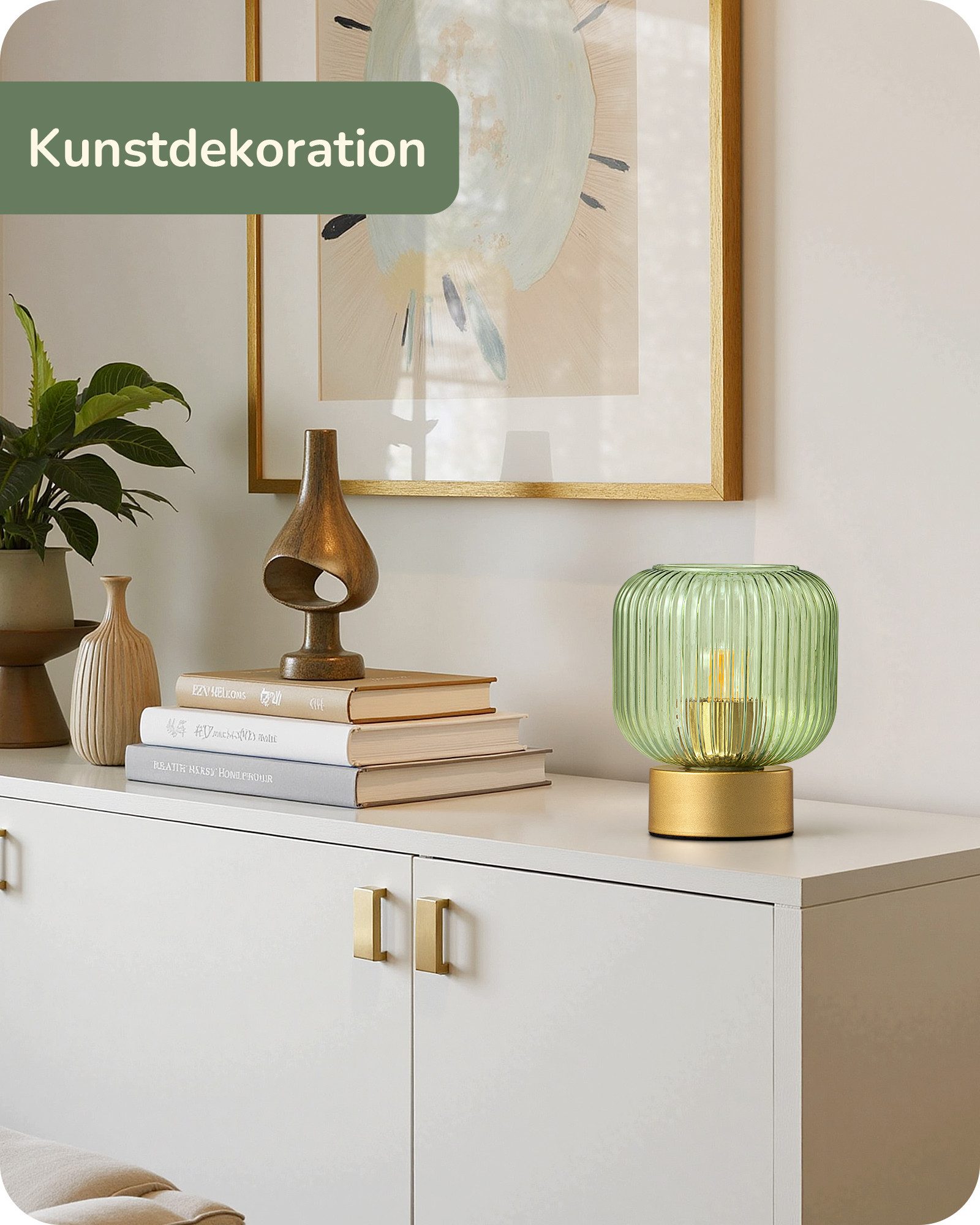 EDISHINE Nachttischlampe Retro-Grüne Tischlampe mit Candy-Glas-Schirm, LED wechselbar, Tageslichtweiß, Dekolampe, sanftes warmweißes Licht 2700K, inkl. LED-Leuchtmittel