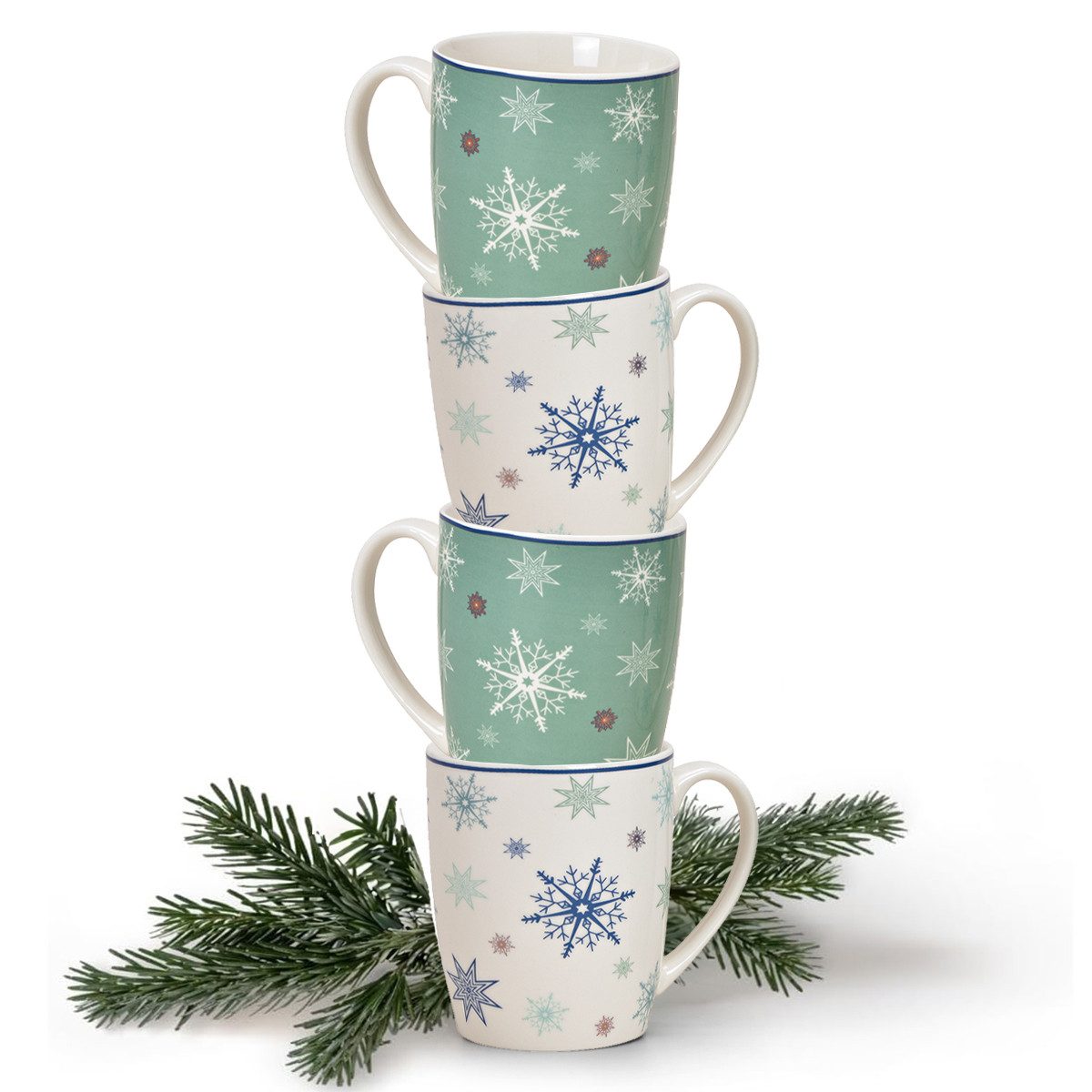 Tasse Weihnachtstassen 4er Set Schneeflocken Eissterne Kaffeetassen