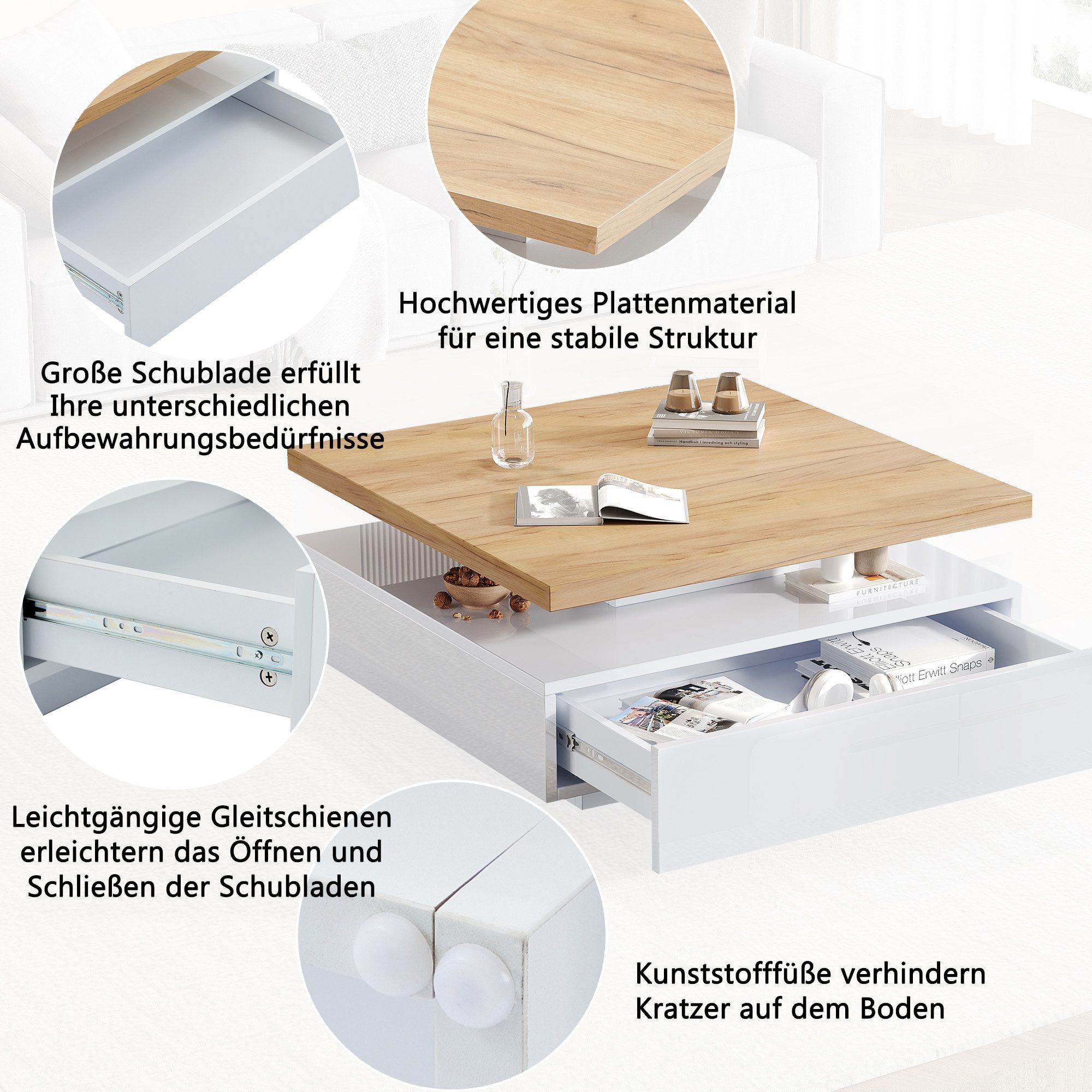 Merax Couchtisch mit versteckten Schubladen und 360° schwenkbarer Arbeitsfläche (Wohnzimmer, Kaffeetisch, 70x70x36cm), hochglänzend Beistelltisch mit geometrisc – Bild 4 von 5
