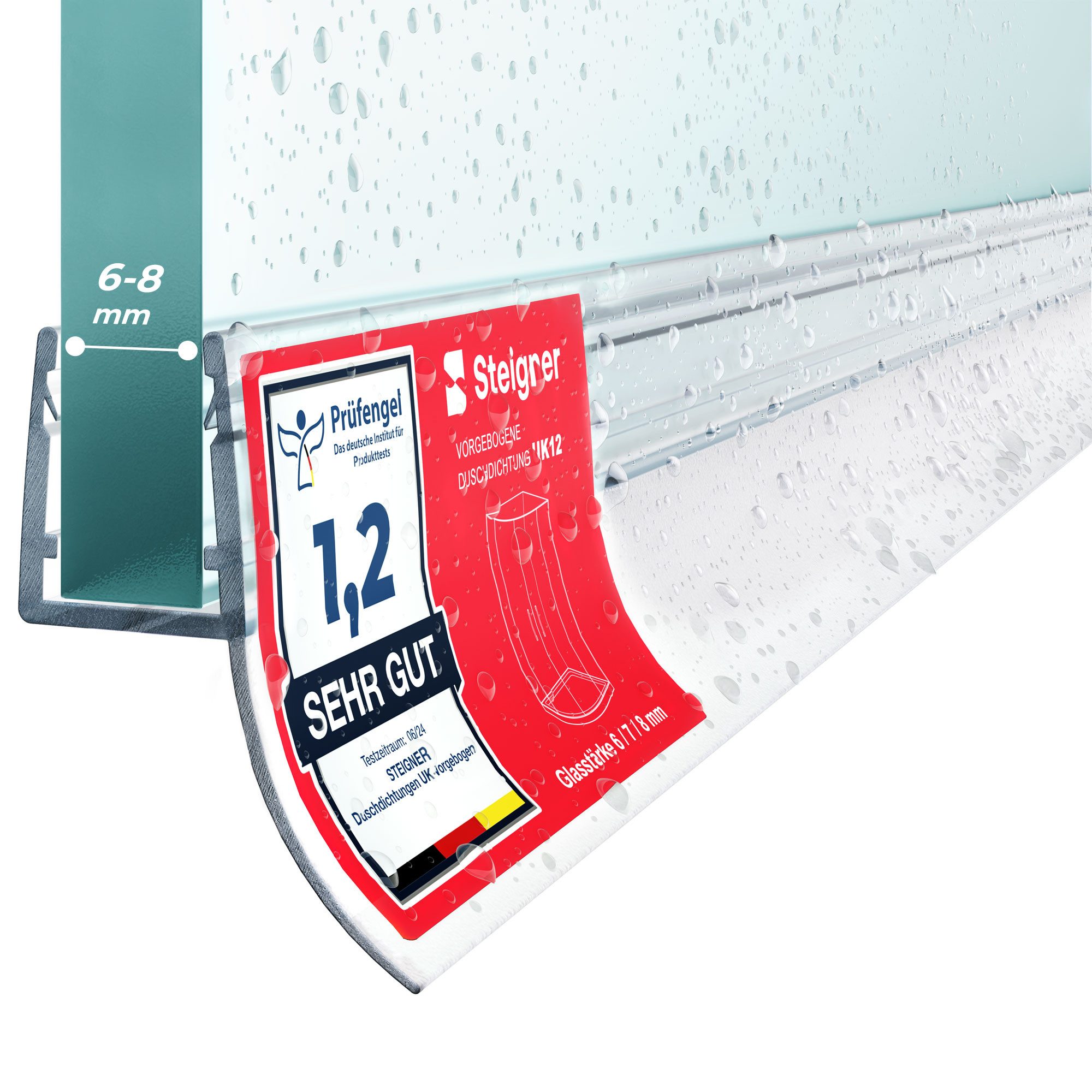 STEIGNER Duschdichtung Duschtürdichtung Gerade UK12 30 cm (1 Stk) Transparent 6-8 mm, L: 30 cm, (1 Stück Packung, Einzeldichtung), Dichtungfür Eckeinstieg Dusche oder Fünfeckdusche mit Duschtür