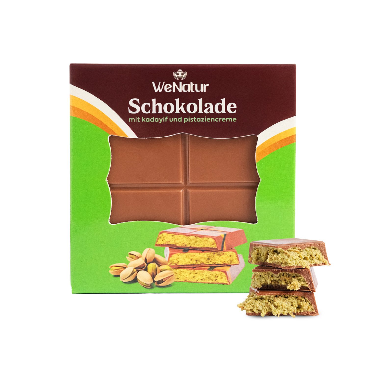 We_Natur Schokolade Dubai Style Schokolade mit knusprigen Kadayif-Teigfäden Pistazie, 200 g