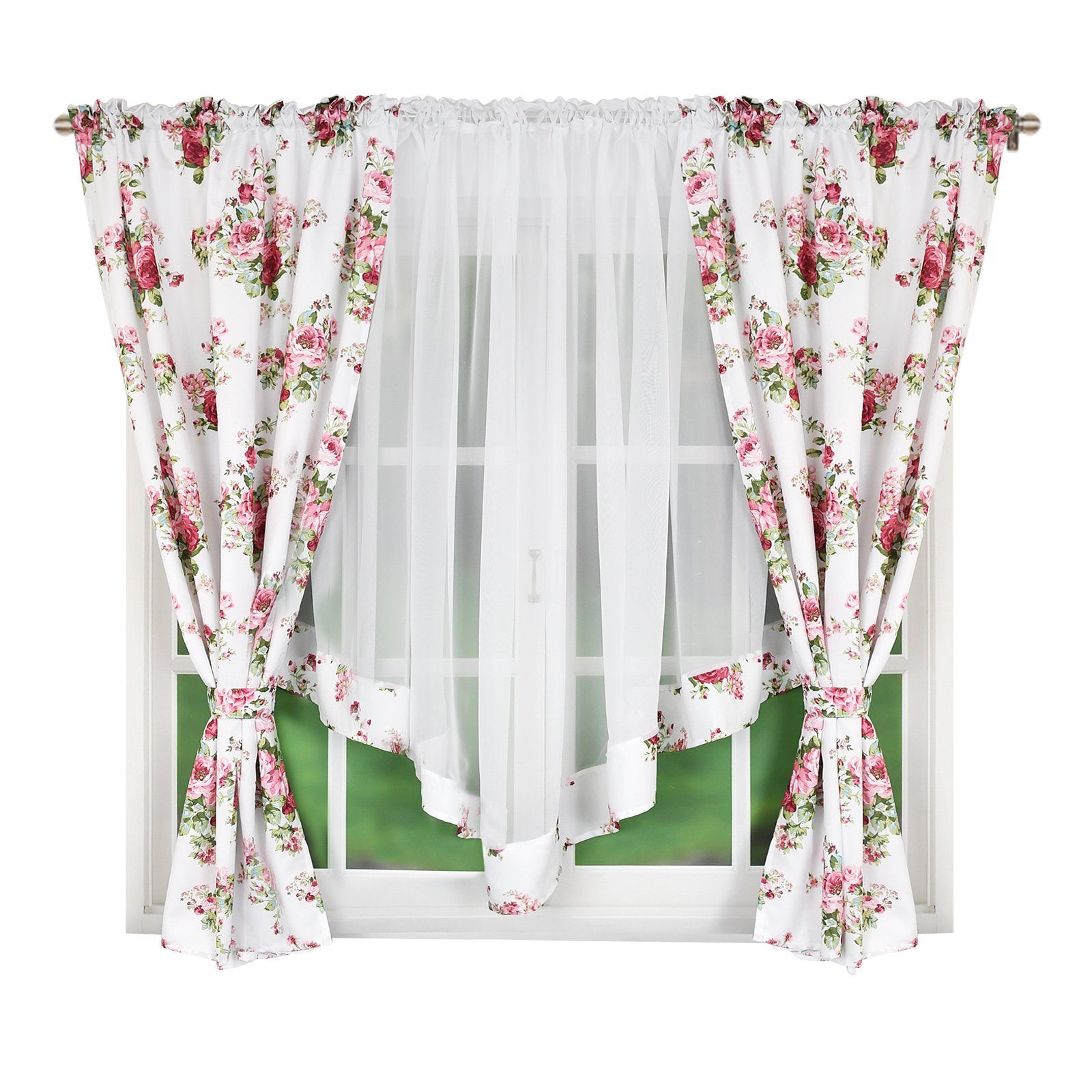 Set Gardine Fertiggardine mit Vorhänge Blumen Rosen 400x160cm Weiß Kräuselband 