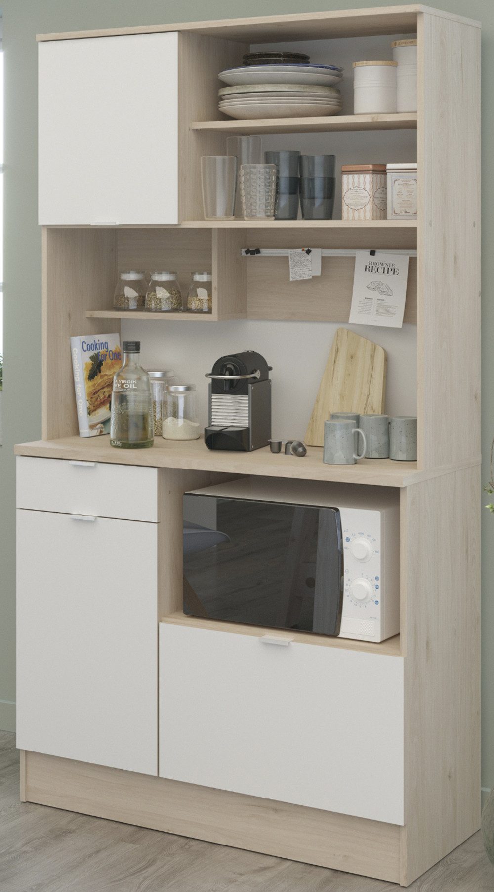 Parisot Küchenbuffet SoCool (Buffet in Eiche und weiß, Single-Küche 100 x 184 cm) viel Stauraum und große Arbeitsfläche