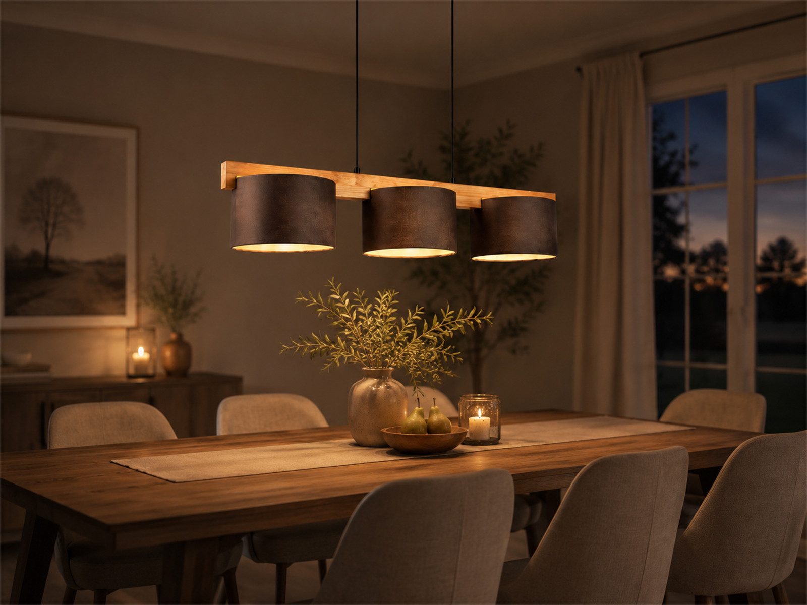 meineWunschleuchte Pendelleuchte mit Holz-Balken & Stoff, Breite 100cm, ohne Leuchtmittel, Esstisch-Lampe hängend, Holzlampe mehrflammig, Esszimmerlampe groß
