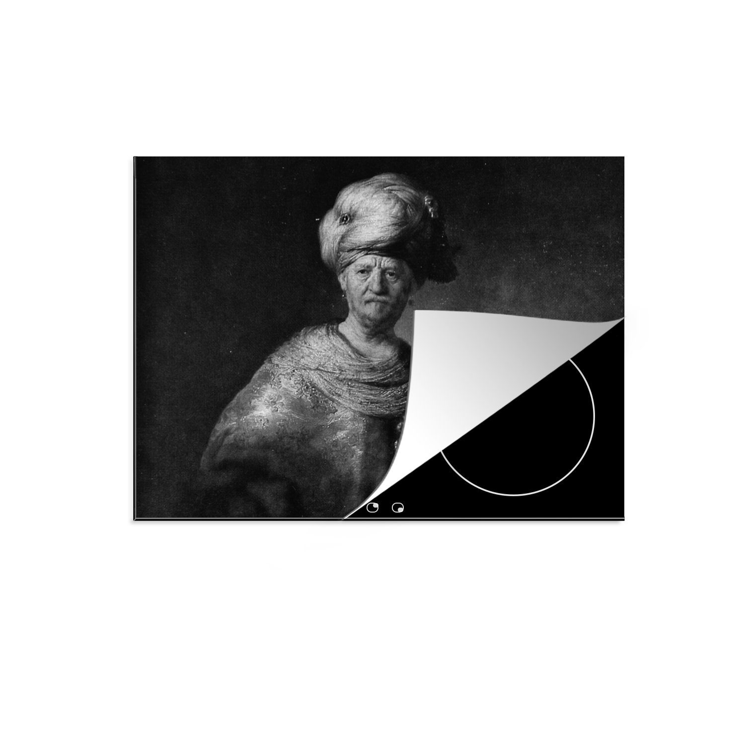 MuchoWow Herdblende-/Abdeckplatte Mann in orientalischem Kleid - Rembrandt van Rijn, Vinyl, (1 tlg), 70x52 cm, Mobile Arbeitsfläche nutzbar, Ceranfeldabdeckung