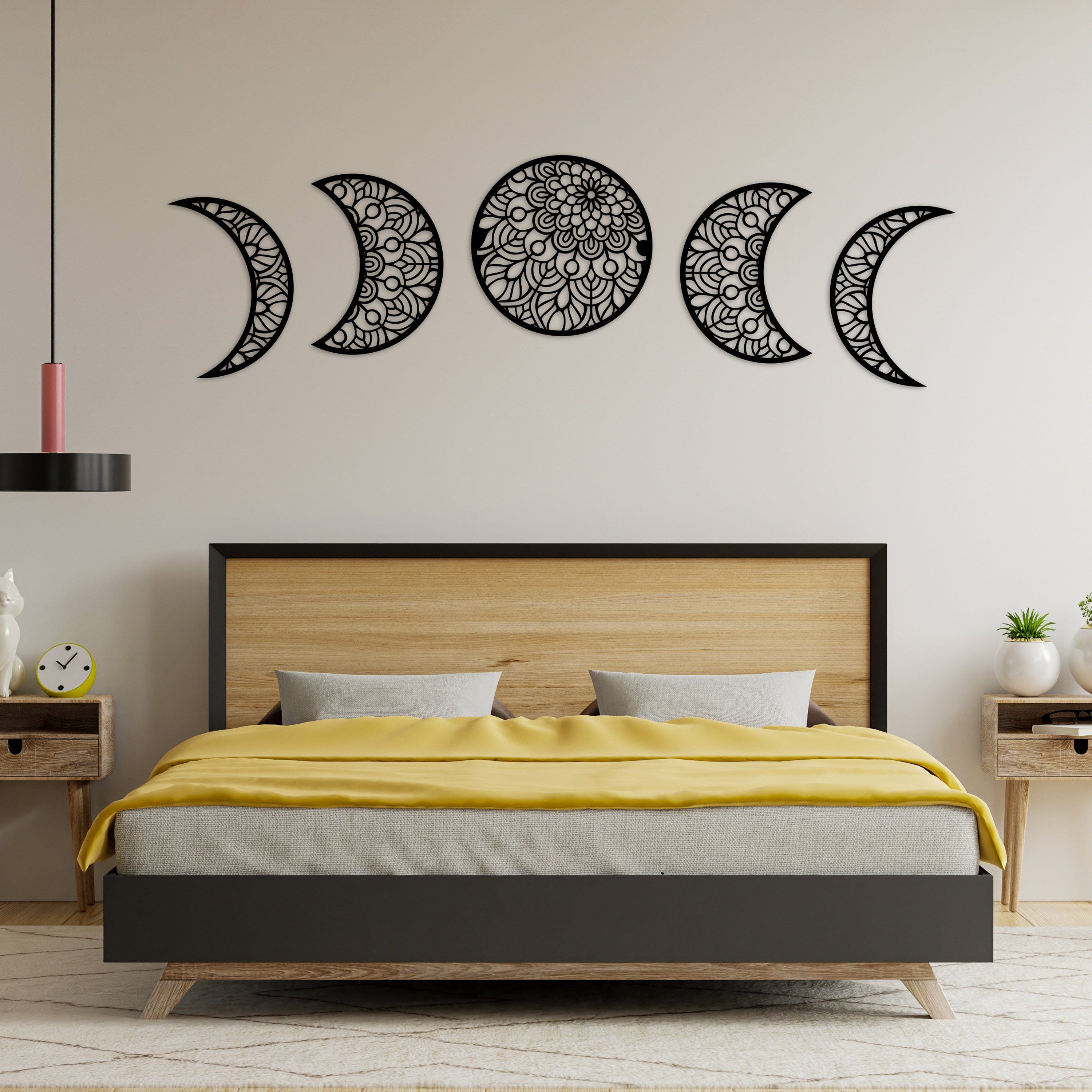 Namofactur Wanddekoobjekt Mondphasen Mandala Holz Wand Deko Wohnzimmer (5-teilig), Mond Wandtattoo Schlafzimmer