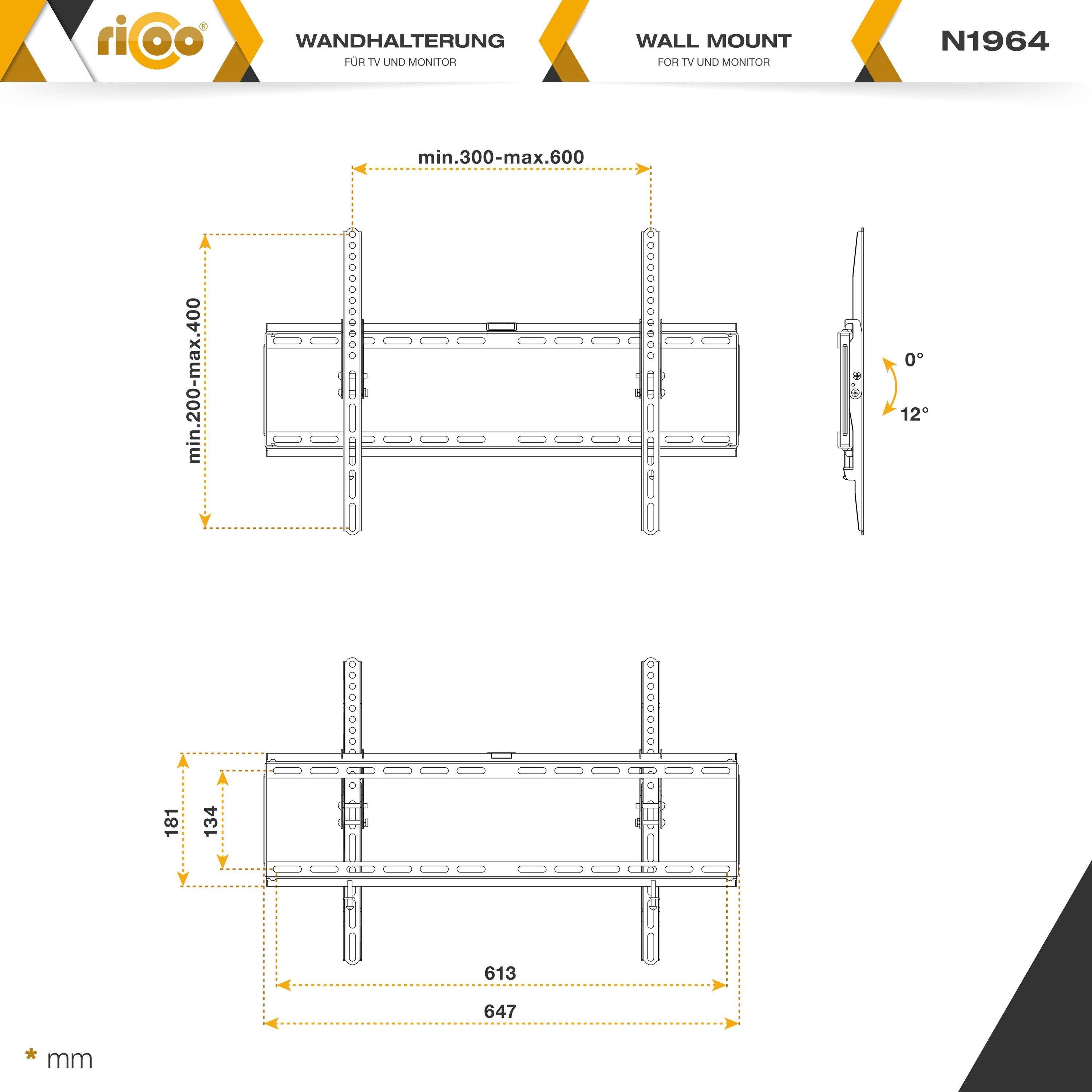 RICOO TV-Wandhalterung Neigbare Wandhalterung LED LCD Flatscreen mount N1964, (bis 70 Zoll, VESA 300x200 bis 600x400, 1-tlg., 95 Kg Belastbarkeit, von 77-178cm  – Bild 5 von 5