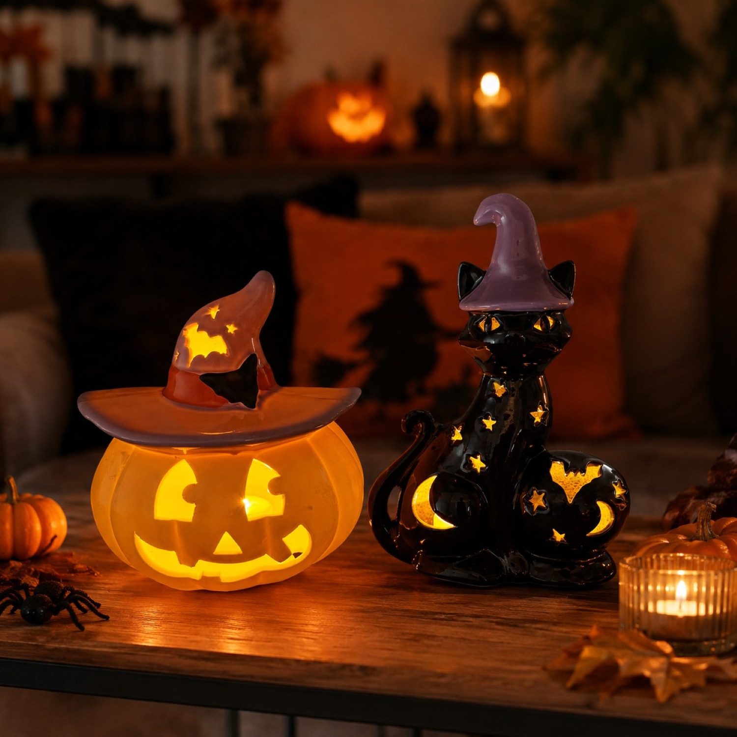 Online-Fuchs LED-Dekofigur Kürbis und schwarze Katze mit LED-Beleuchtung - Halloween Deko (6-Stunden Timerfunktion, aus Keramik gefertigt), warmweiße Beleuchtung oder seichter Farbwechsel möglich