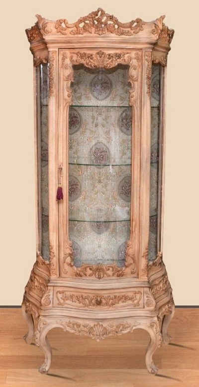 Casa Padrino Vitrine Barock Vitrine Naturfarben - Prunkvoller Barock Vitrinenschrank mit Glastür und Schublade - Handgefertigte Barock Wohnzimmer Möbel