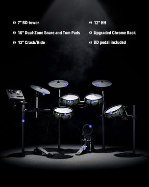 Donner E-Drum E-Schlagzeuge DED-500 Elektronisches Schlagzeug Professional,Set, mit Branchenstandardnetzköpfen BD Pedal, Bassdrumturm