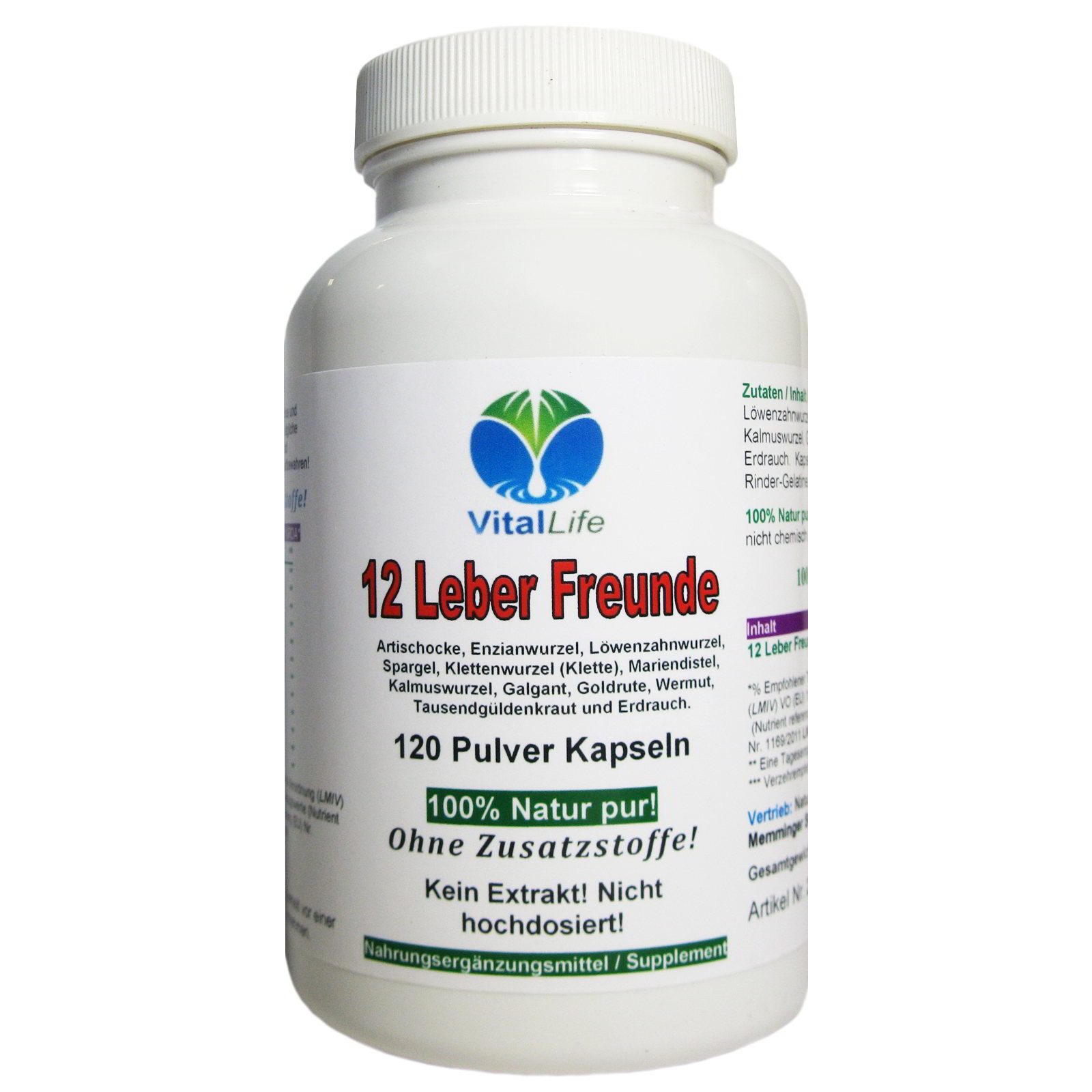 VitalLife 12 Leber Freunde - Kräuter & Bitterstoffe - Ohne Zusatzstoffe Kapseln, 1 er Dose à 120 St., 54 g, Art. 26312