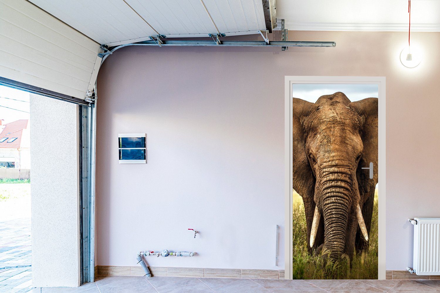 - St), Elefant Fototapete Türaufkleber, für Tiere bedruckt, (1 Natur, MuchoWow - Matt, cm Gras 75x205 - Tür, Türtapete