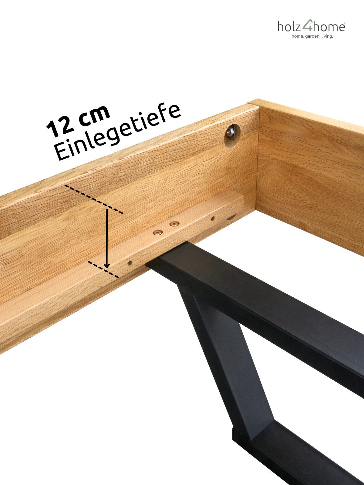 holz4home® Massivholzbett Eiche I Holzbett Rahmen ohne Kopfteil Klassik I Metall-/ Holzbeine, Massivholz Eiche – Bild 5 von 5
