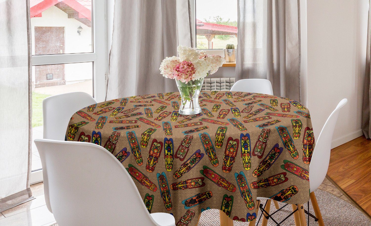 Abakuhaus Tischdecke Kreis Tischdecke Abdeckung für Esszimmer Küche Dekoration, afrikanisch Bakongo Masken Totem