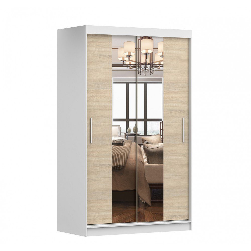 MOEBLO Kleiderschrank NOAH 01 (Schrank Garderobe Zweitürenschrank Spiegeltür, Moderner und funktionaler Schiebe­türen­Schrank Kleiderschrank), (BxHxT): 120x200x61 cm Weiß + Sonoma