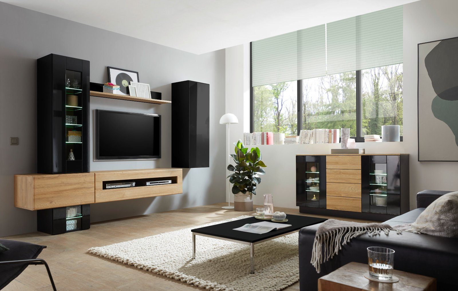 Furn.Design Wohnwand Savanna, (Wohnzimmer und Ca. 4-teilig cm), Set Hochglanz, schwarz mit Eiche Push-to-Open x 190 330 in