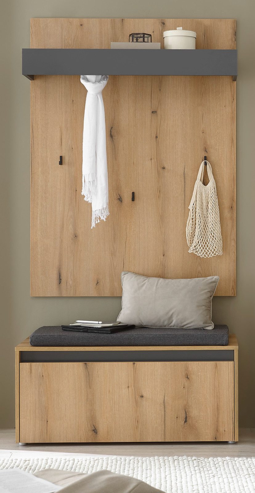 Furn.Design Garderoben-Set Center, (Set mit Wandgarderobe und Schuhbank, Eiche mit Grau, Breite 100 cm), inklusive Sitzkissen