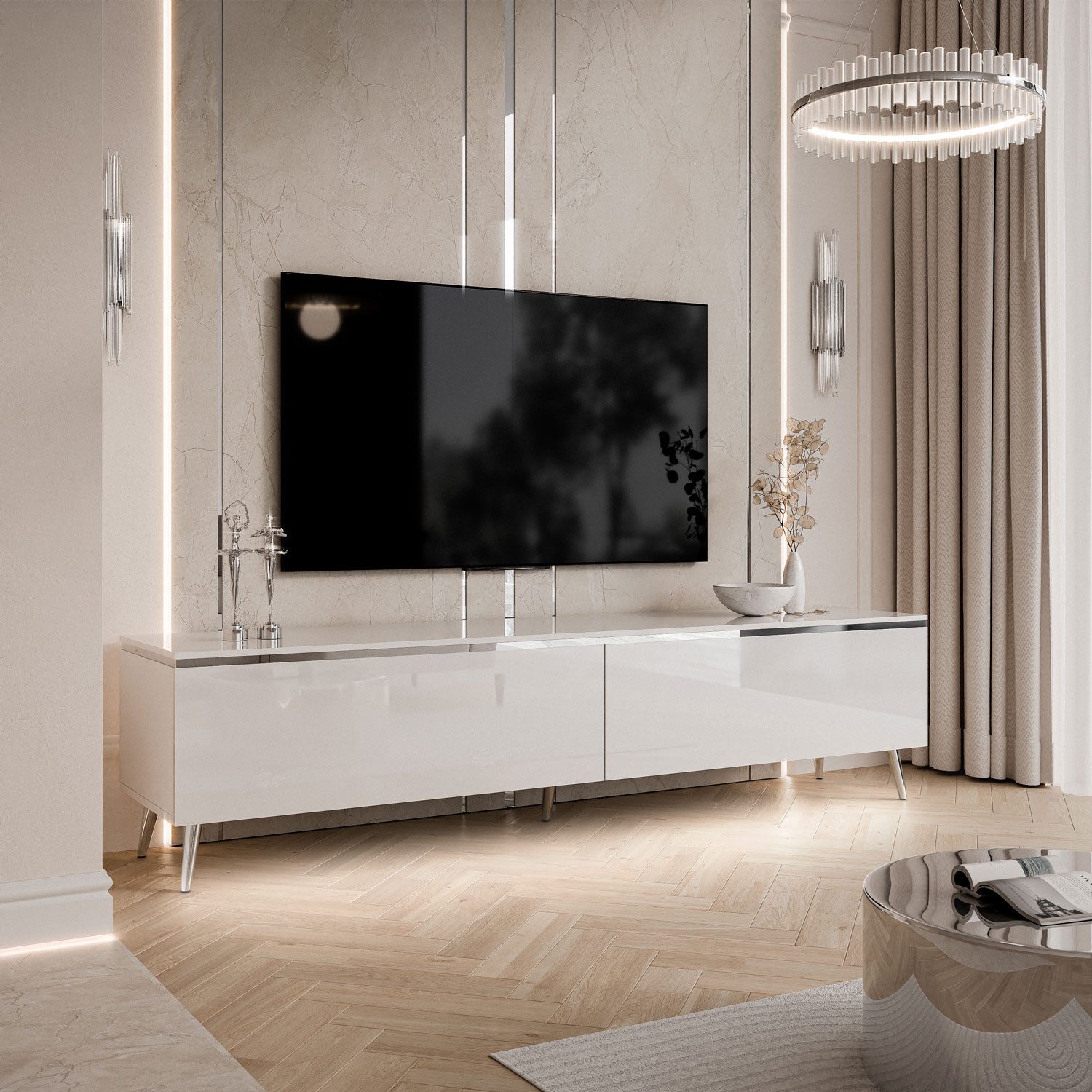 Lookway TV-Schrank AURORA SILVER auf Beinen und LED Beluchtung Breite: 180 cm, Höhe: 45/49,5 cm, Tiefe: 40 cm – Bild 5 von 5