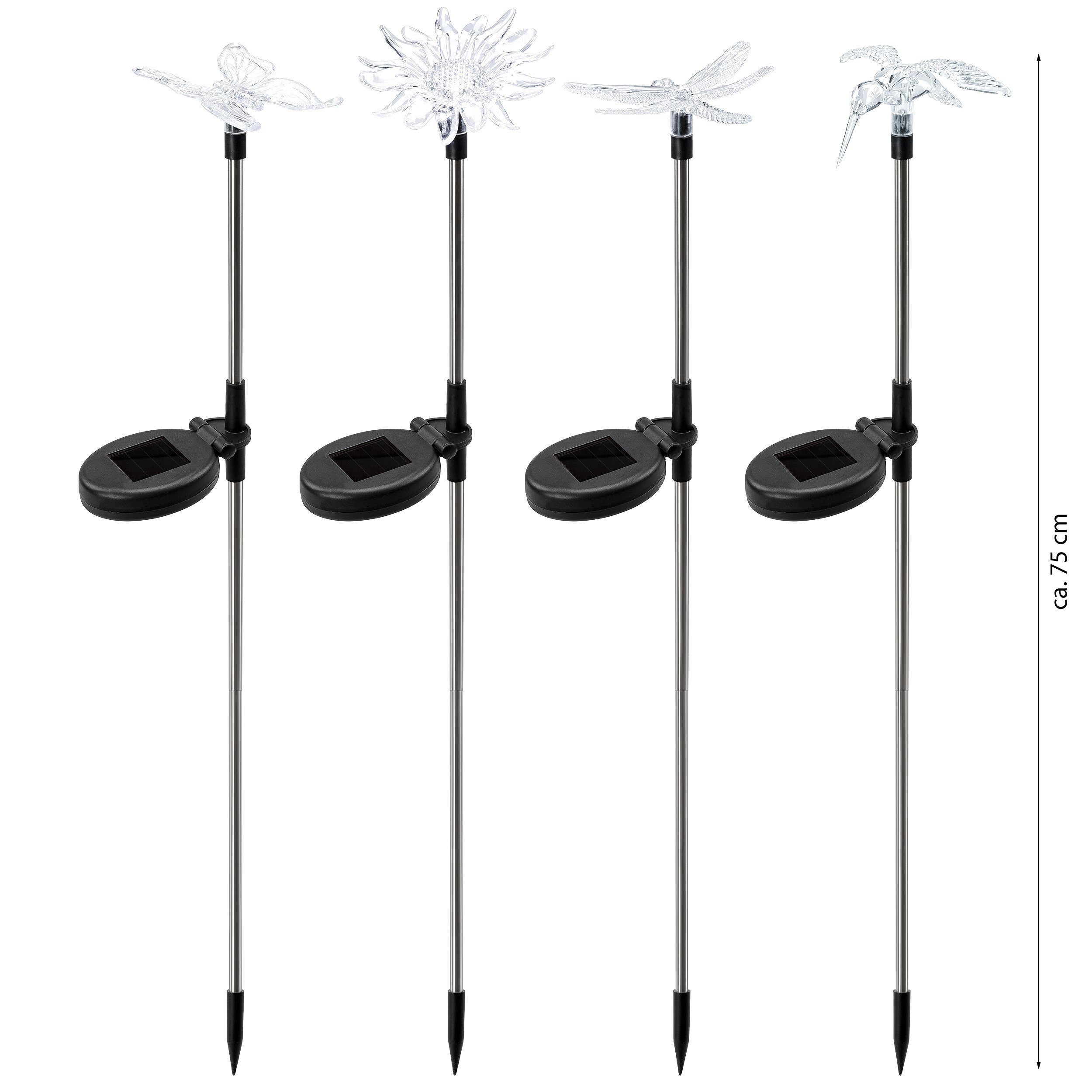 BONETTI LED Solarleuchte 4er Set Solar Gartenstecker, 4 Motive: Schmetterling, Libelle, Blume, Kolibri