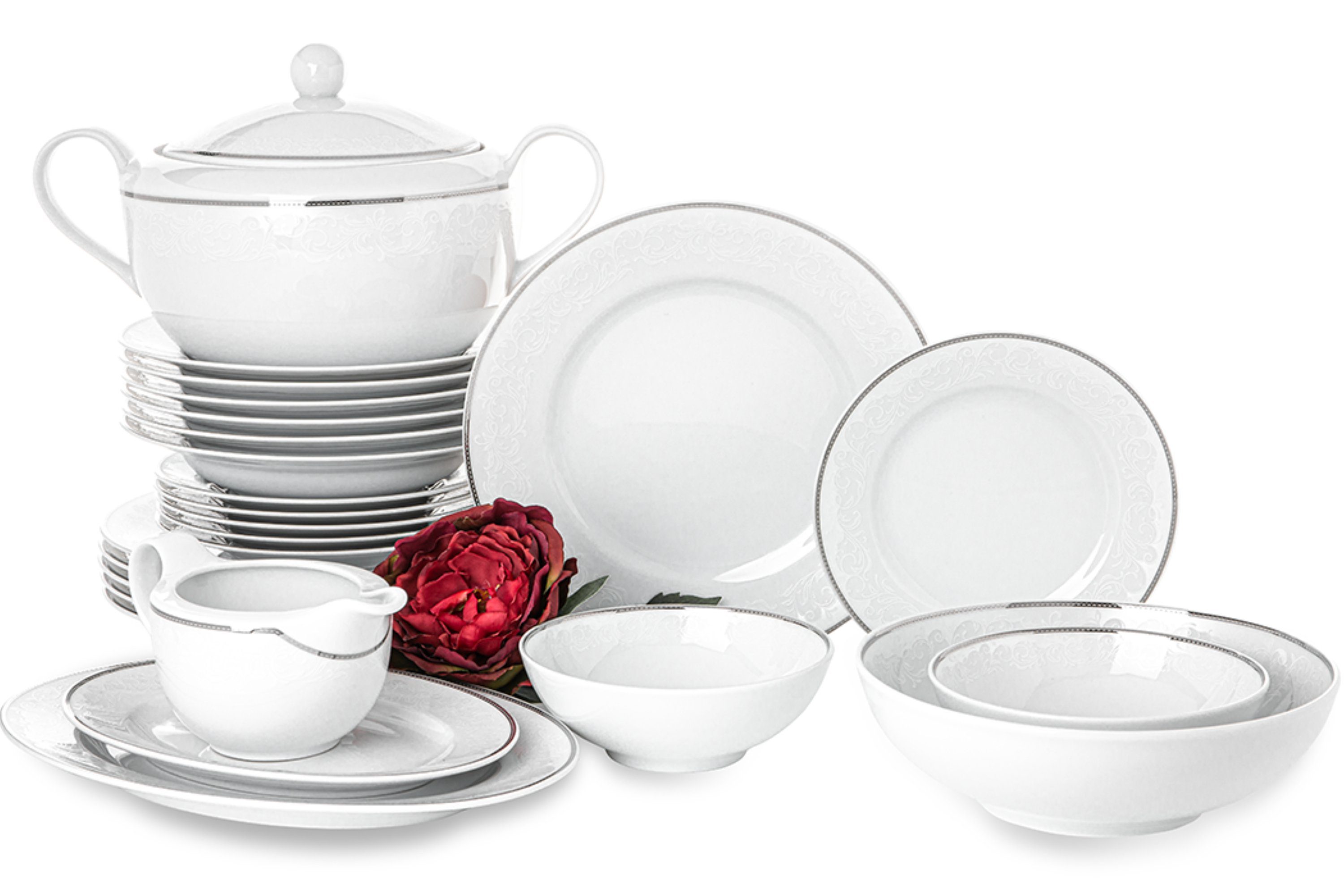 KONSIMO® Kombiservice AMELIA Tafelservice Terrine Sauciere Servierplatte (25-tlg), 6 Personen, Porzellan, Spülmaschinengeeignet, Klassisch-Stil