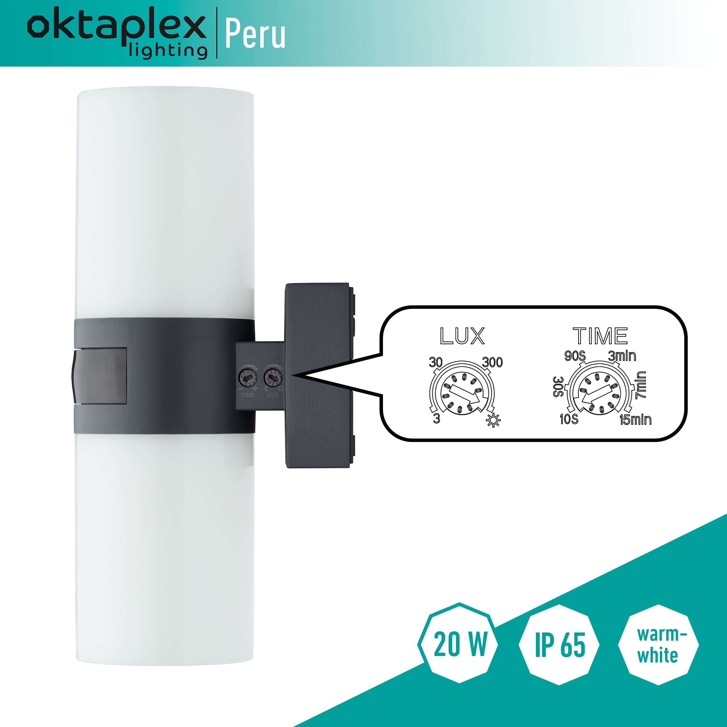Oktaplex lighting LED Außen-Wandleuchte Peru Bewegungsmelder, LED 1900 Warmweiß, fest Wandleuchte IP65, Außenbeleuchtung LED anthrazit Lumen IP65 integriert