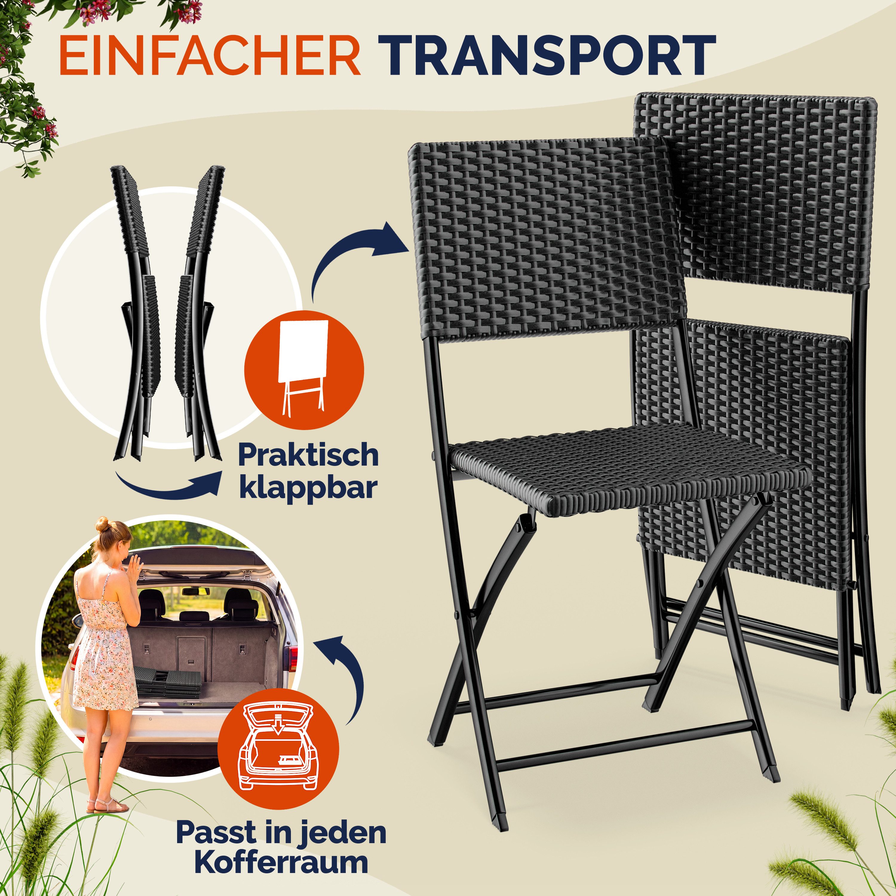 Casaria Klappstuhl Rom (2 St), Polyrattan 2er Set 120kg Belastbarkeit Platzsparend Klappbar Leicht