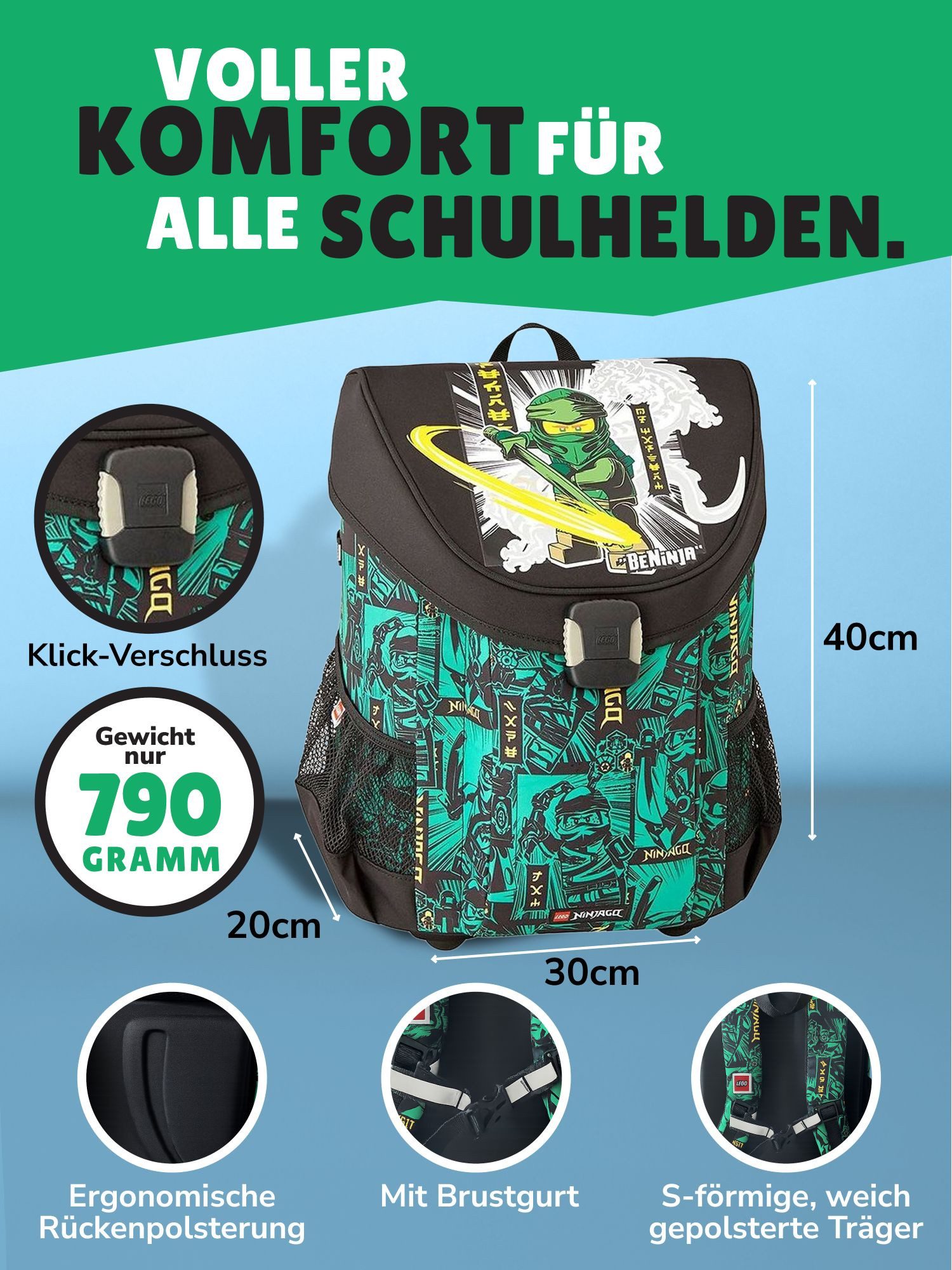 LEGO® Bags Schulranzen Lego Ninjago Schultasche Easy Green ab der 1. Klasse (Set, 7-tlg., inkl. Federmappe, Ninjago Brotdose und Trinkflasche), ergonomisch; 790 Gramm leicht; mit Brustgurt; Ninja Lloyd