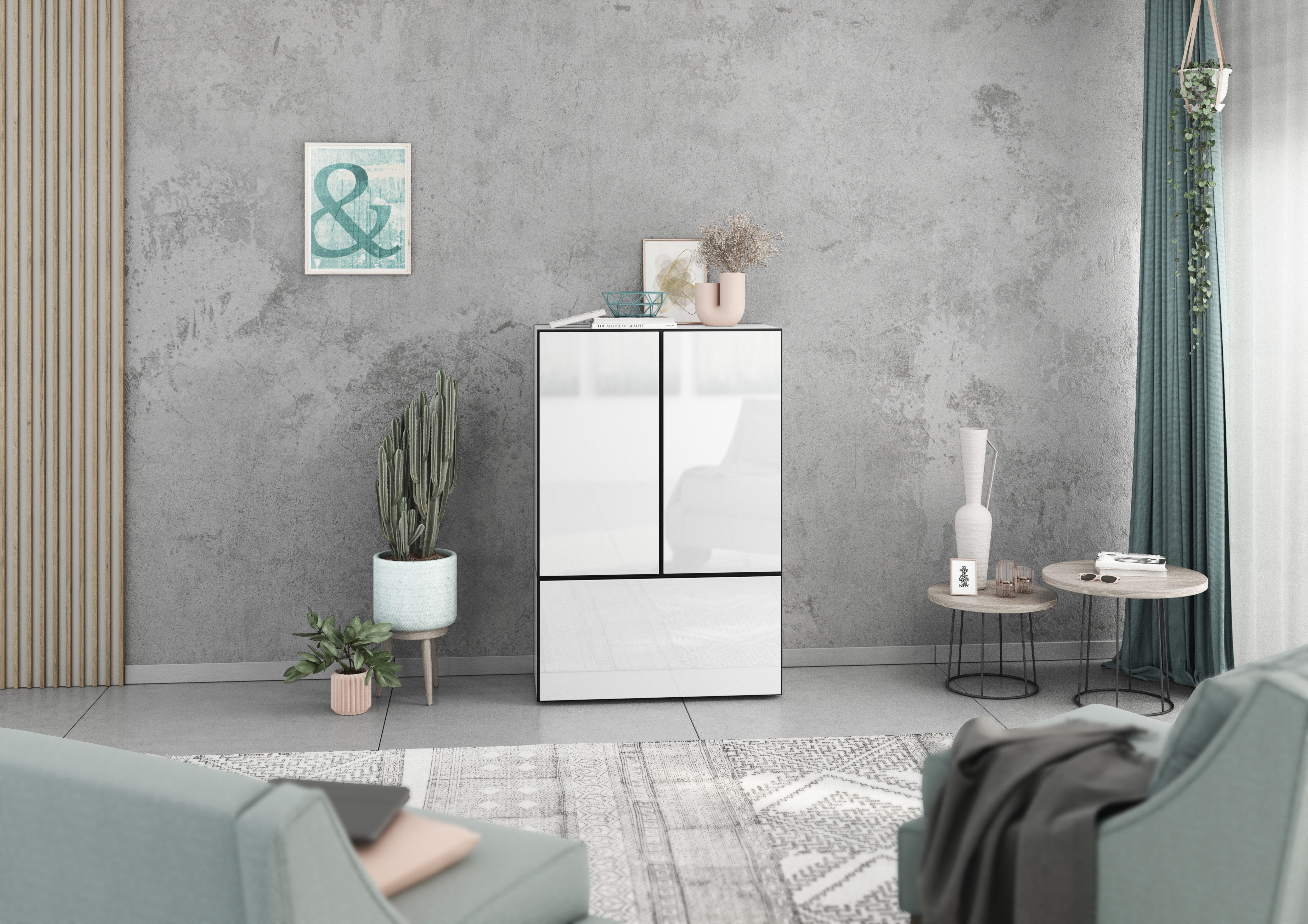 BMG Меблі Stauraumvitrine Modul+ (3 teilig bestehend aus, 2x Schrank mit Tür, 1x Schrank mit Klappenfunktion) individuell frei montierbar, Softclose, wandhängend oder stehend