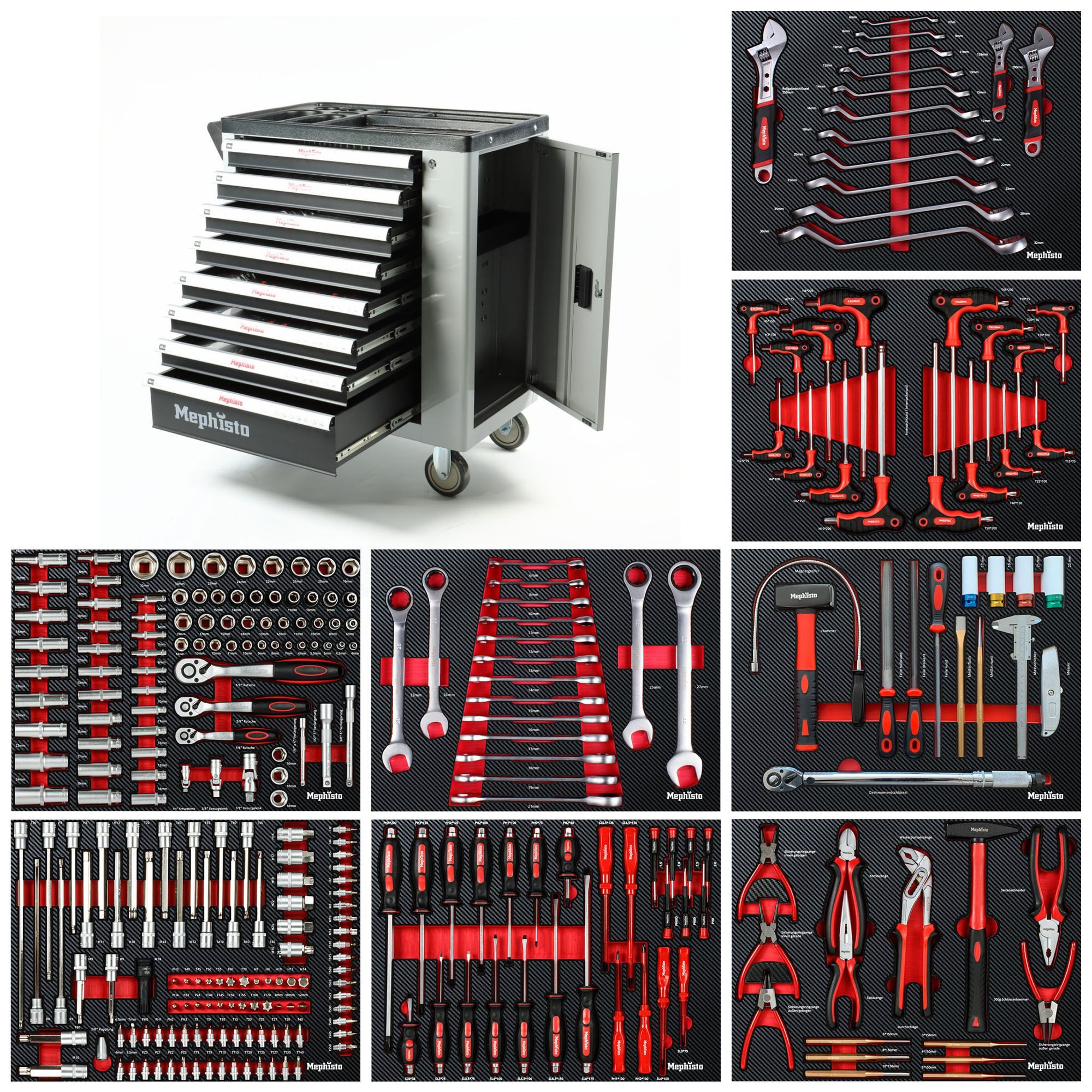 Mephisto-Tools Werkzeugwagen, (fertig montiert und bestückt), Schubladen abschließbar und bis zu 35 kg belastbar, 2 Schlüssel inkl.