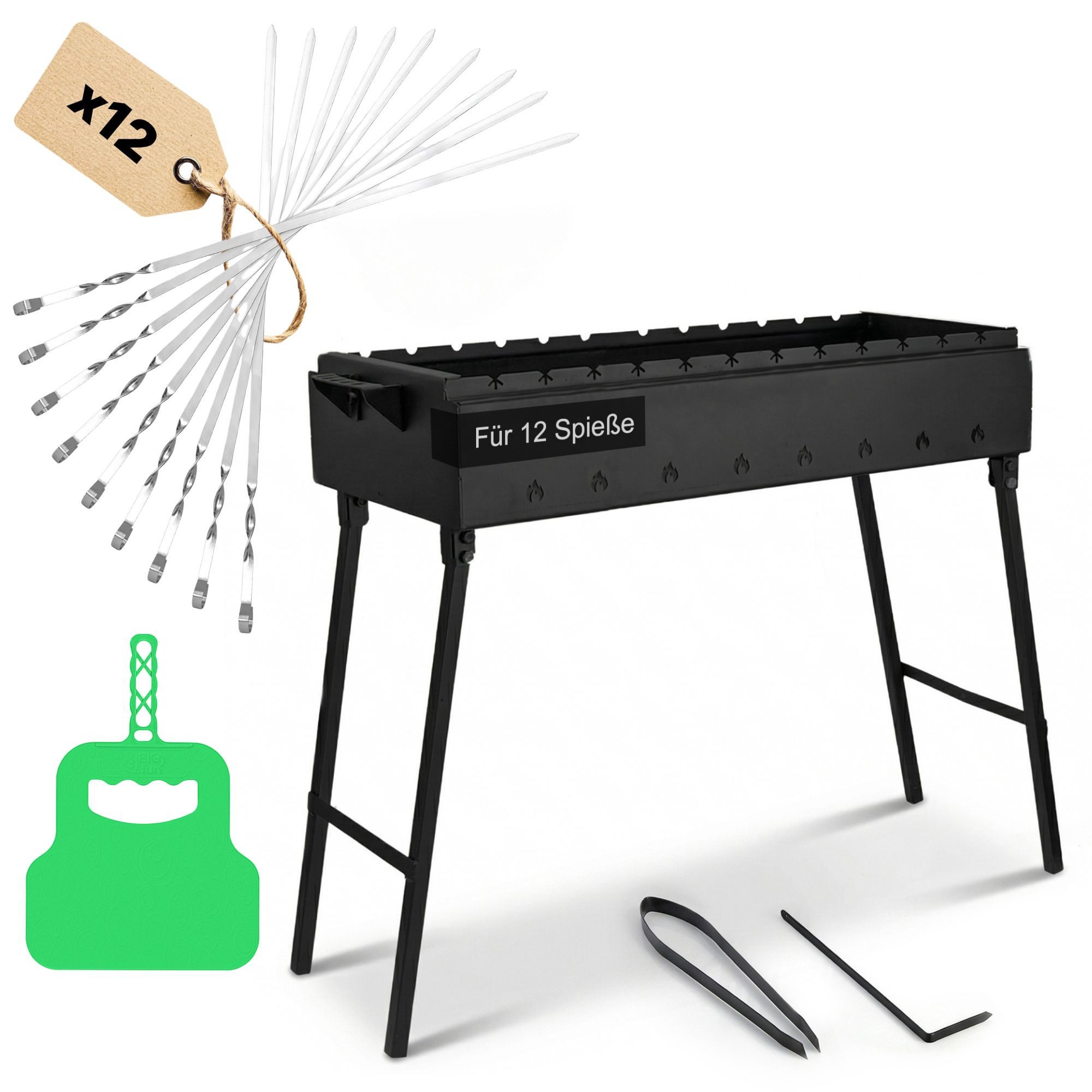 BIG-PAN Holzkohlegrill Klappbarer Grill 80 cm Stahl 2 mm 12 Edelstahlspieße Grillfächer BBQ, Edelstahlspießen Grillzange Schürhaken, Mangal Schaschlikgrill