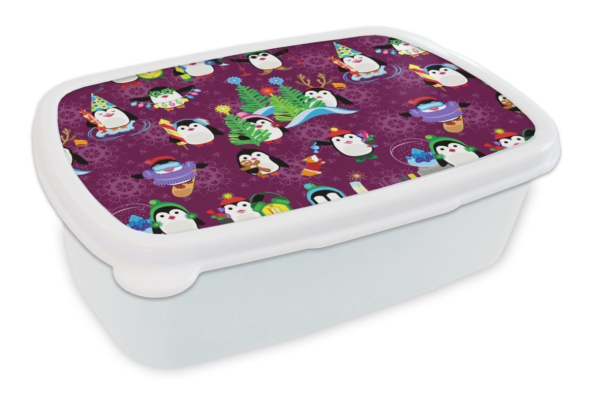 MuchoWow Lunchbox Pinguin - Weihnachten - Feuerwerk - Winter - Design, Kunststoff, (2-tlg), Brotbox für Kinder und Erwachsene, Brotdose, für Jungs und Mädchen weiß | Lunchboxen