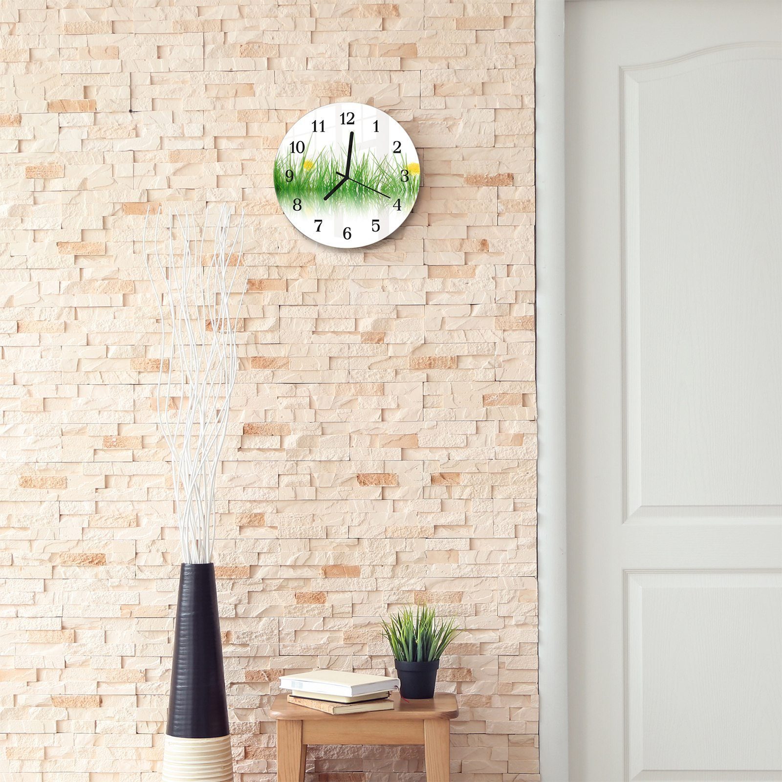 30 Rund Primedeco Wanduhr Durchmesser - mit Gras aus cm Glas Quarzuhrwerk mit Motiv Einzelnen und Blumen mit Wanduhr
