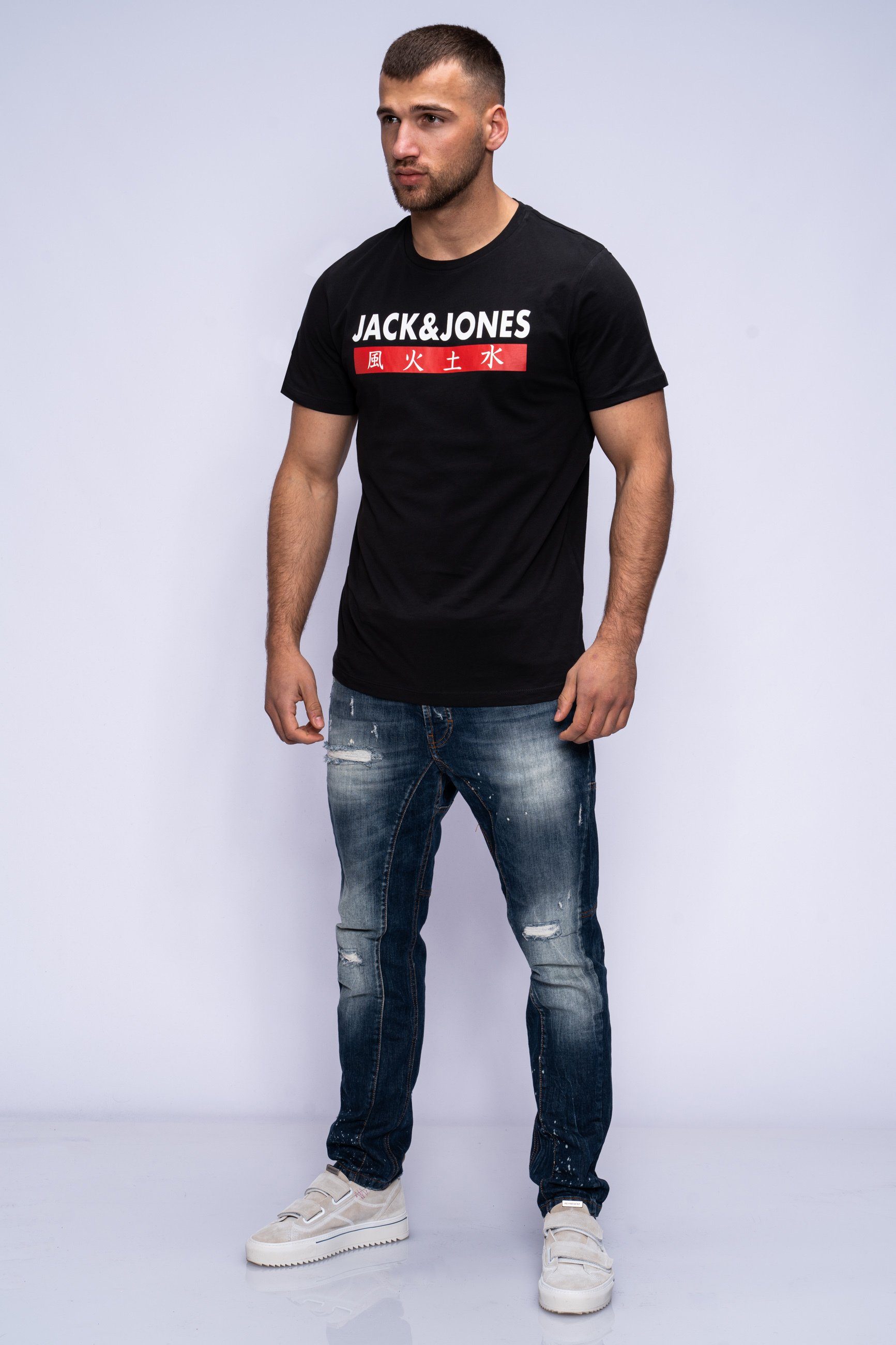 Jack & Jones Print-Shirt ELEMENTS TEE SS CREW NECK Kurzarmshirt aus Baumwolle Stretch Shirt Baumwoll-Jersey Logo Druck